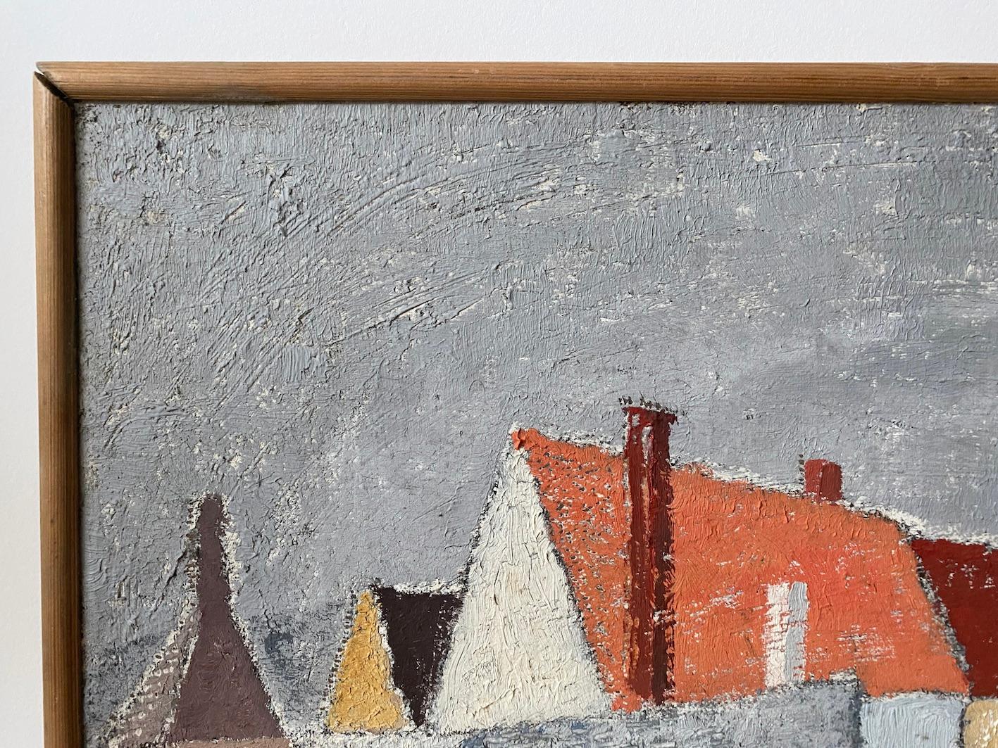 Vintage Mid-Century Swedish Landscape Framed Oil Painting - Orange Road 7