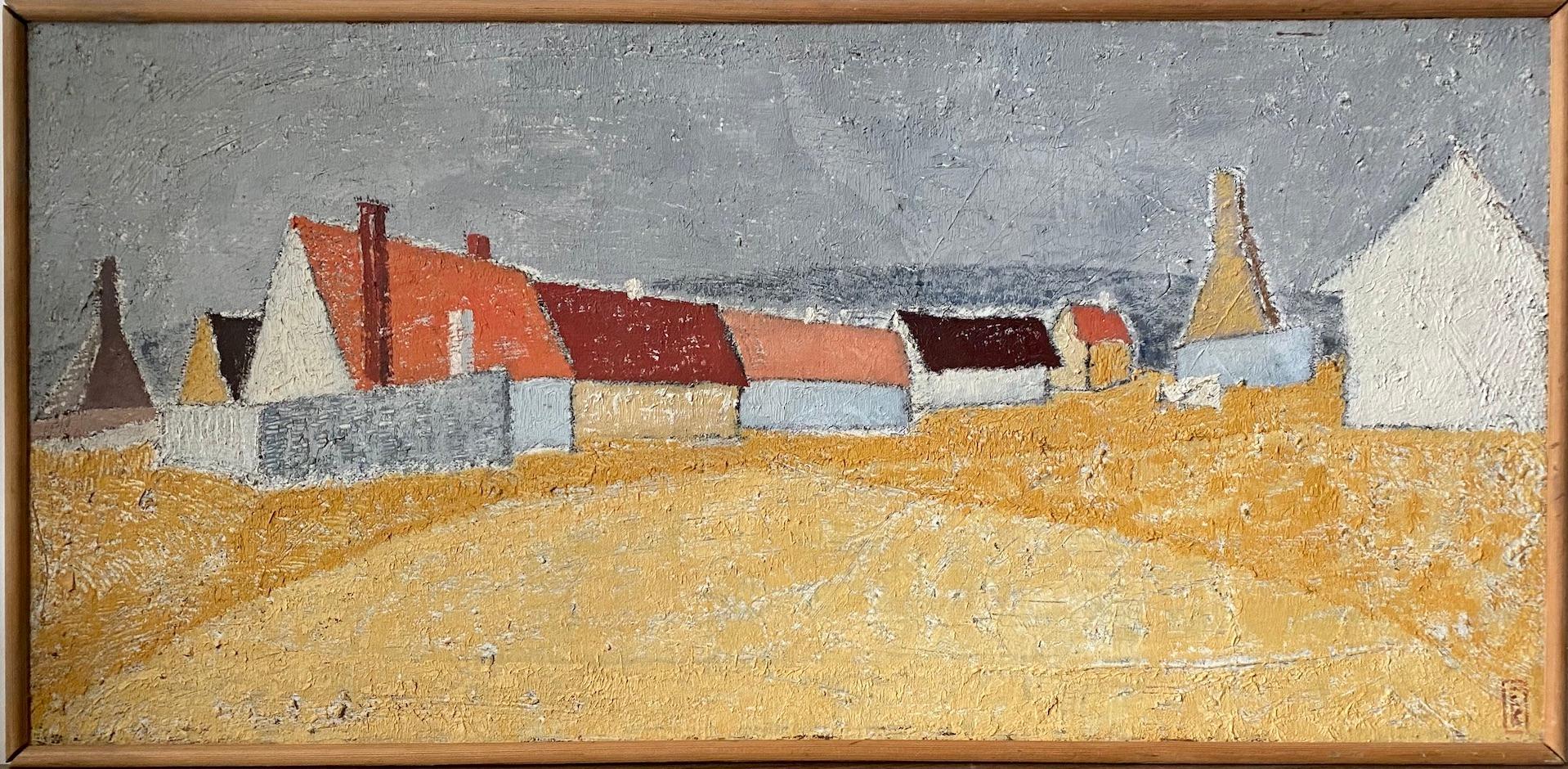 Unknown Landscape Painting - Vintage Mid-Century Swedish Landscape Framed Oil Painting - Orange Road