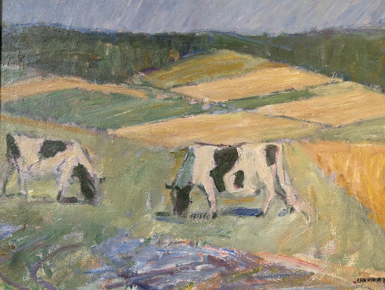 Vintage Mid-Century Swedish Landscape Framed Oil Painting - Pasture Cows 8