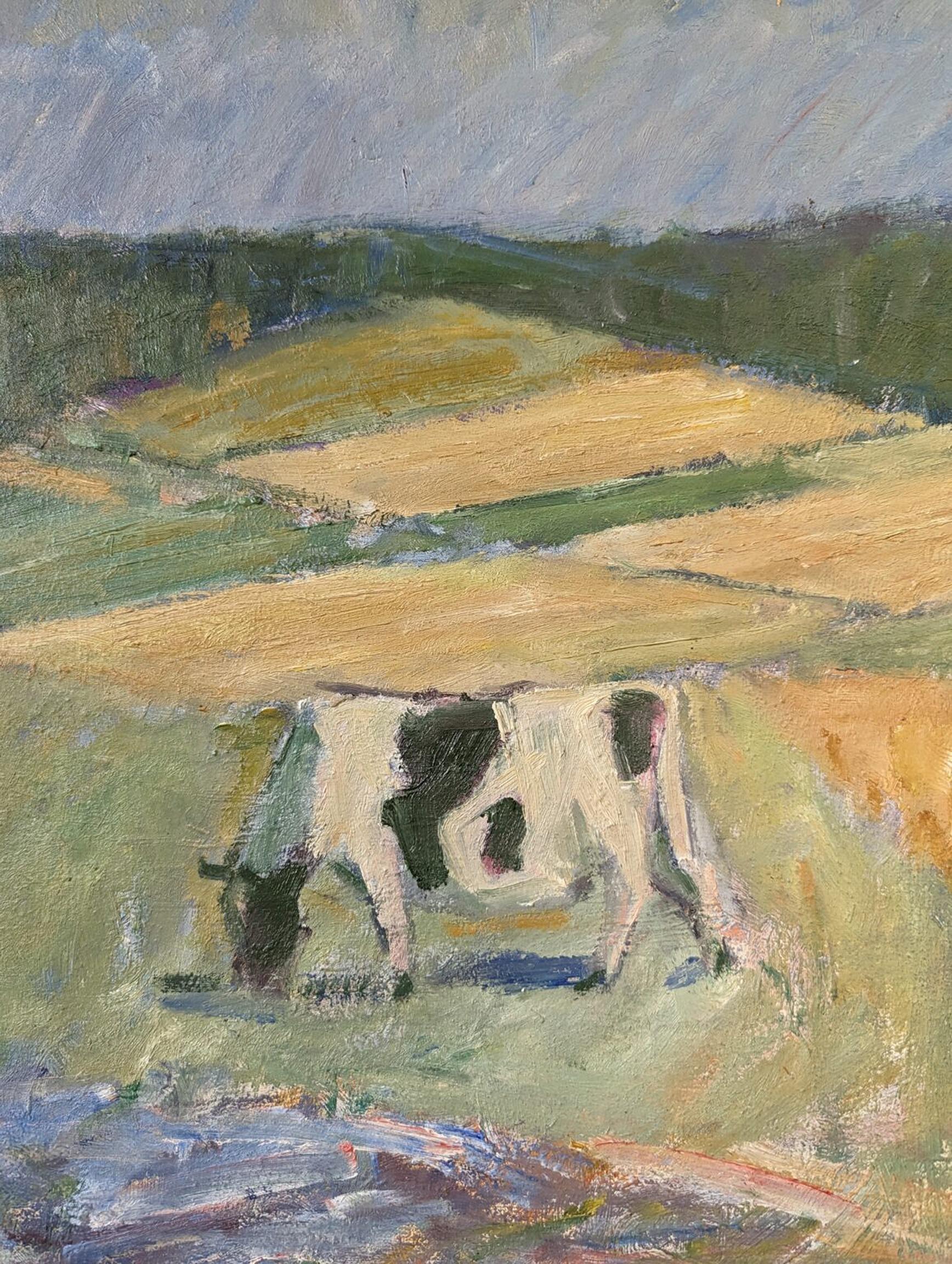 Vintage Mid-Century Swedish Landscape Framed Oil Painting - Pasture Cows 10