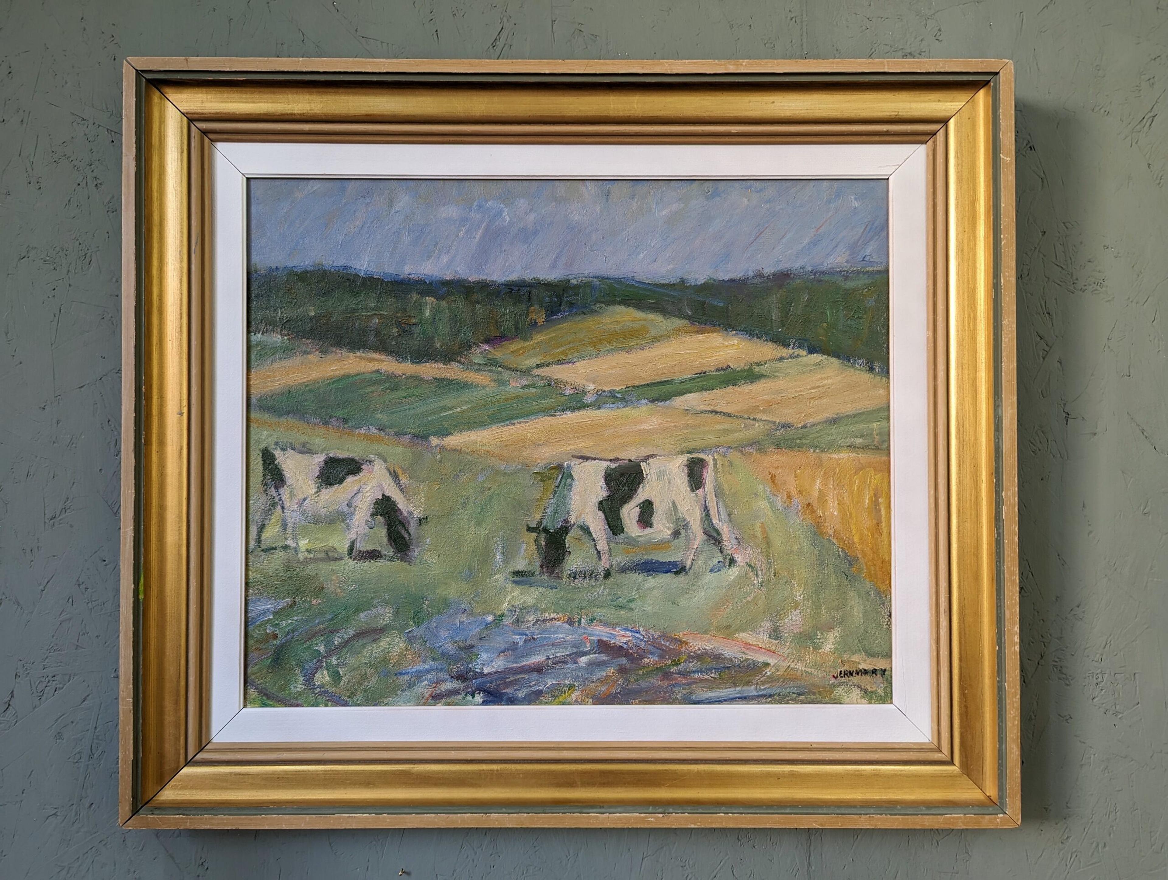 PASTURE COWS
Size:  61 x 71 cm (including frame)
Oil on Board

A soothing and very well-executed modernist mid-century landscape painting, executed in oil onto board.

This landscape composition depicts a panoramic view of a 2 cows grazing in a vast