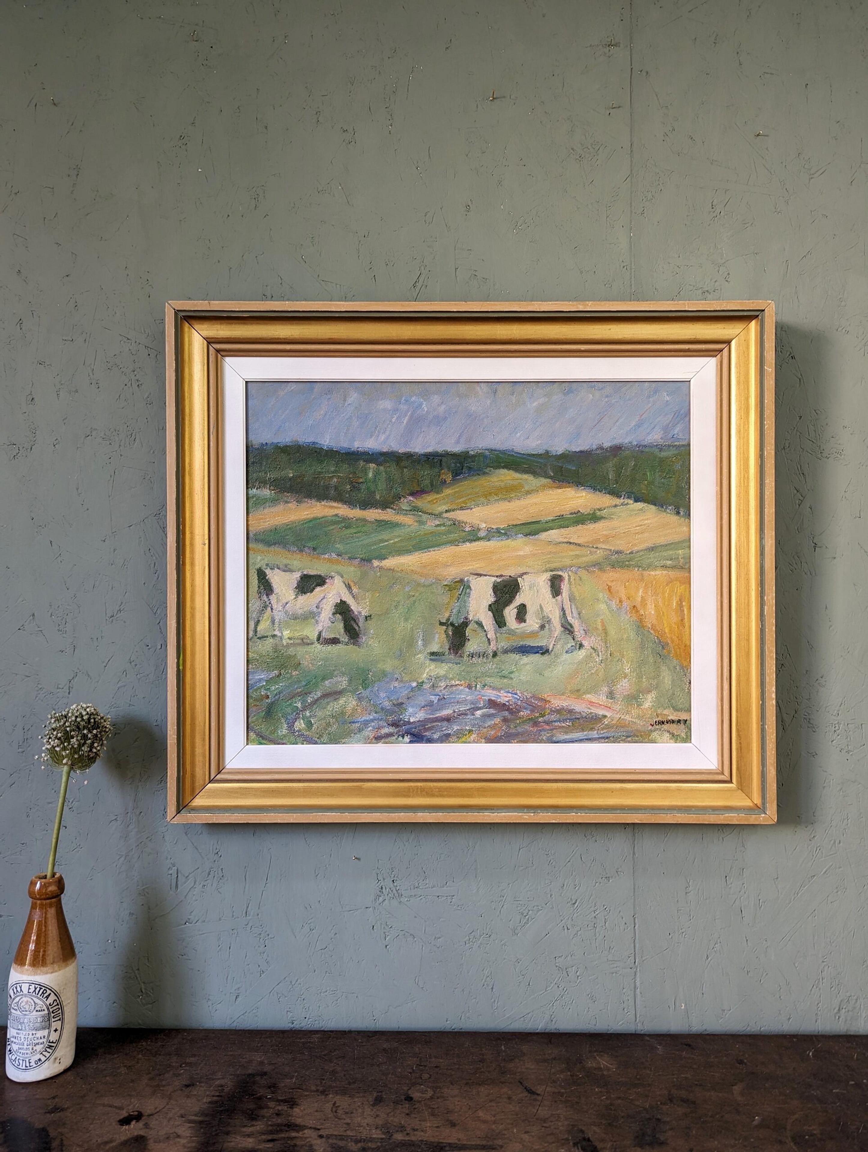 Vintage Mid-Century Swedish Landscape Framed Oil Painting - Pasture Cows 1