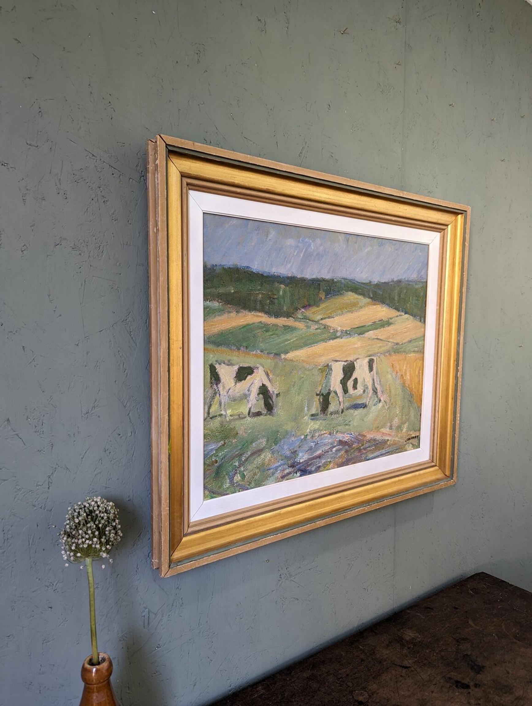 Vintage Mid-Century Swedish Landscape Framed Oil Painting - Pasture Cows 2