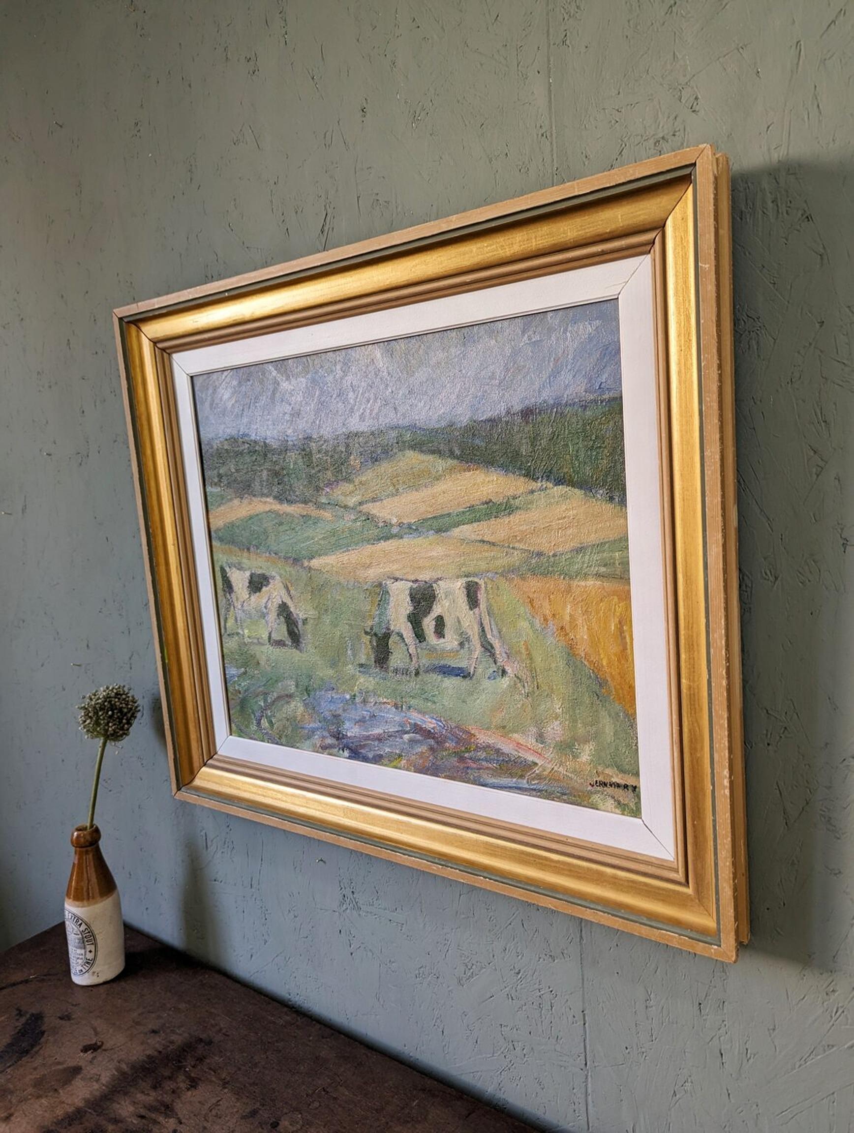 Vintage Mid-Century Swedish Landscape Framed Oil Painting - Pasture Cows 3