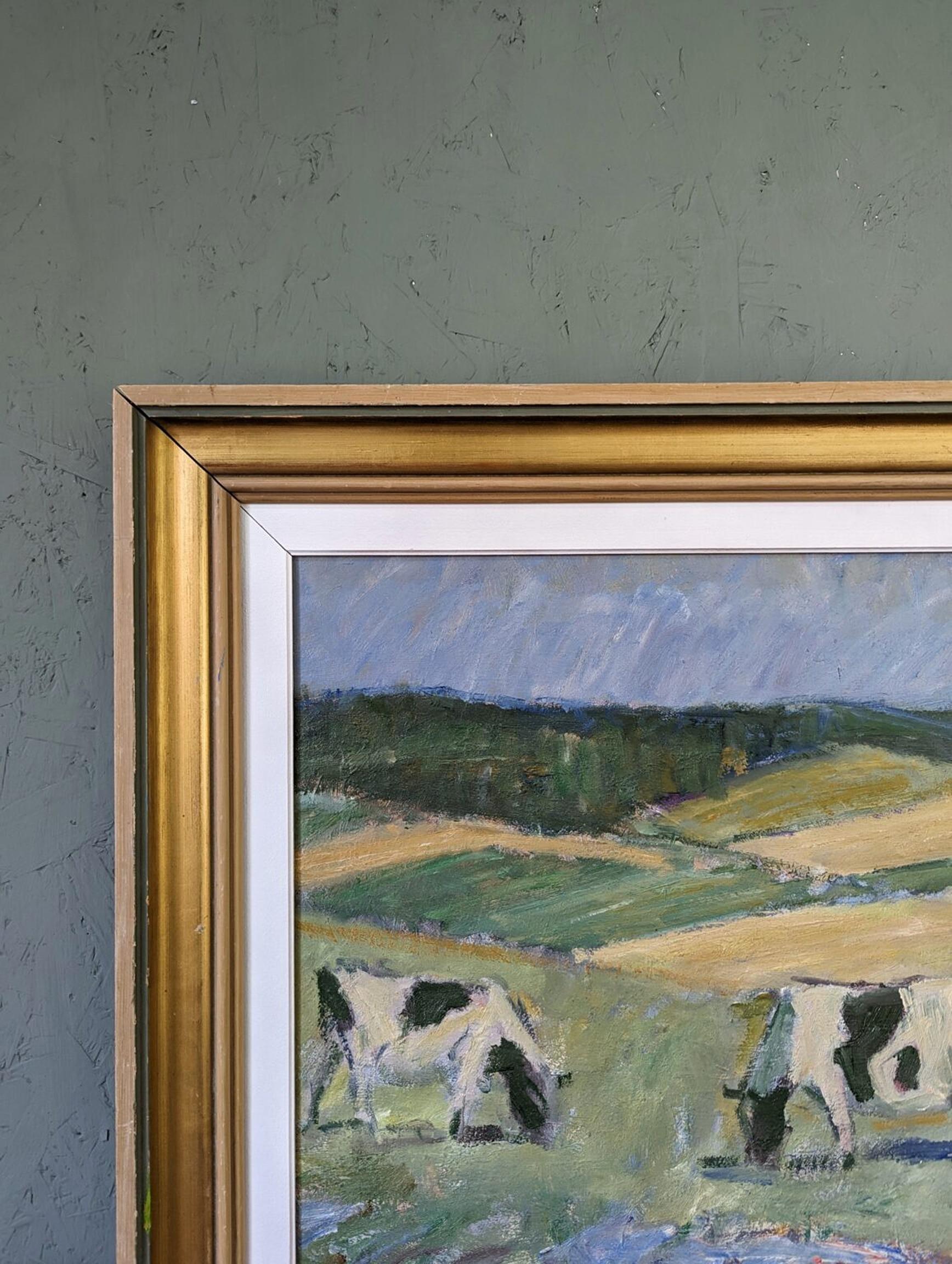 Vintage Mid-Century Swedish Landscape Framed Oil Painting - Pasture Cows 4