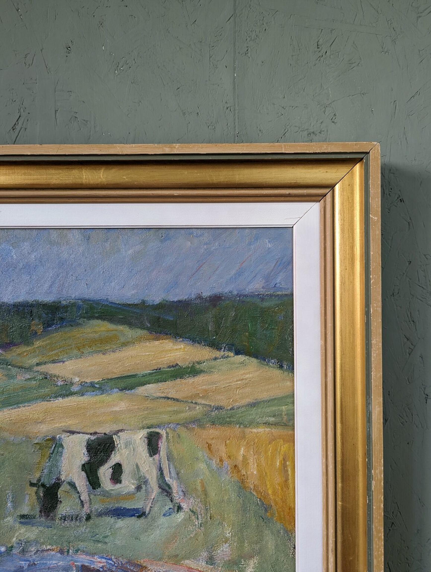 Vintage Mid-Century Swedish Landscape Framed Oil Painting - Pasture Cows 5