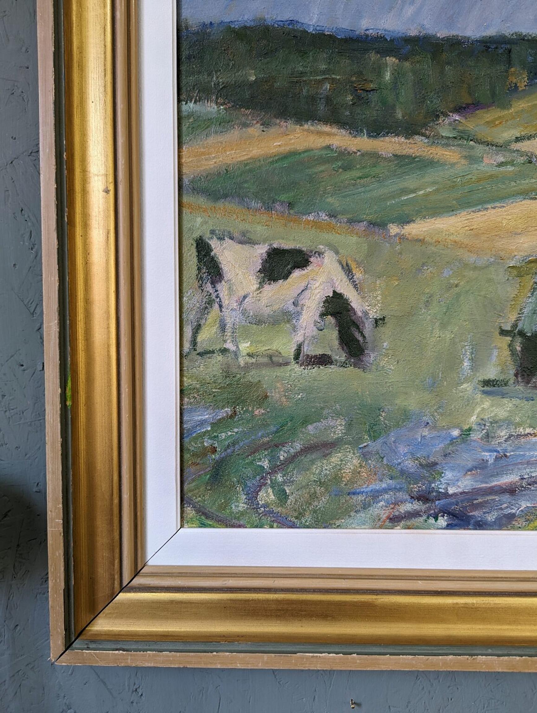 Vintage Mid-Century Swedish Landscape Framed Oil Painting - Pasture Cows 7