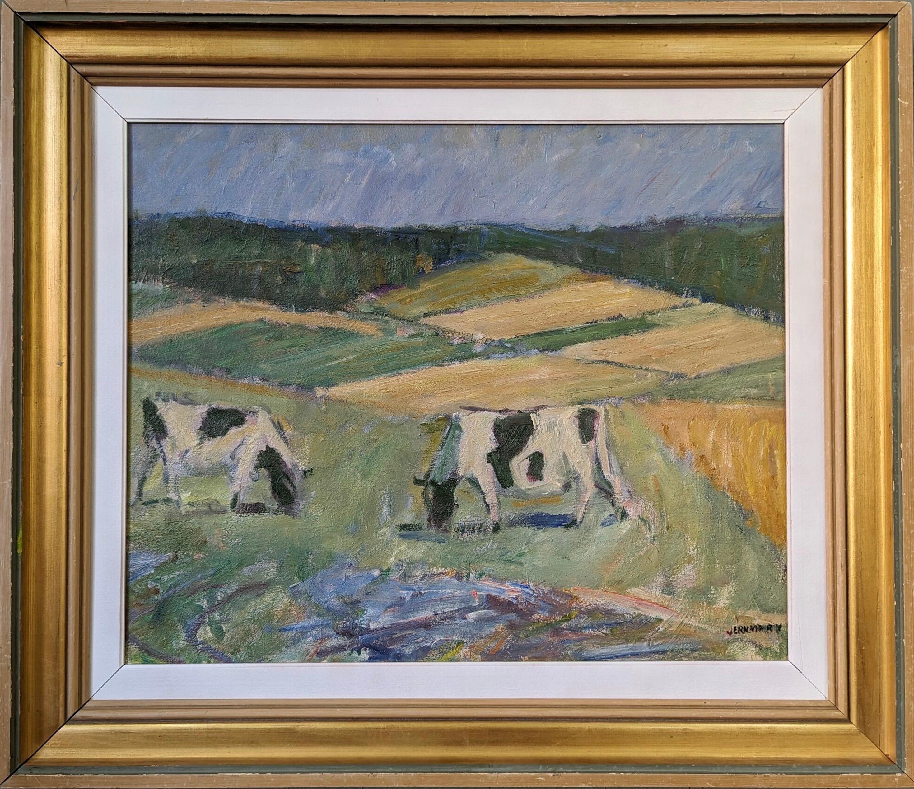 Unknown Animal Painting - Vintage Mid-Century Swedish Landscape Framed Oil Painting - Pasture Cows