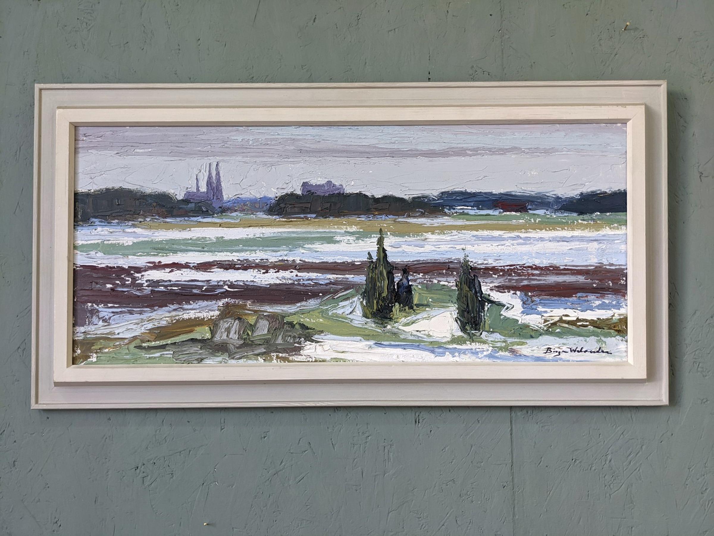 PLANES
Size: 36 x 70 cm (including frame)
Oil on Canvas

A beautifully textured and atmospheric mid-century landscape composition, executed in oil onto canvas.

The painting presents a vast landscape, that is partially snow-covered, and with areas