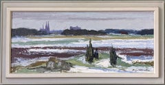 Peinture à l'huile suédoise vintage encadrée - Paysage du milieu du siècle - Planches