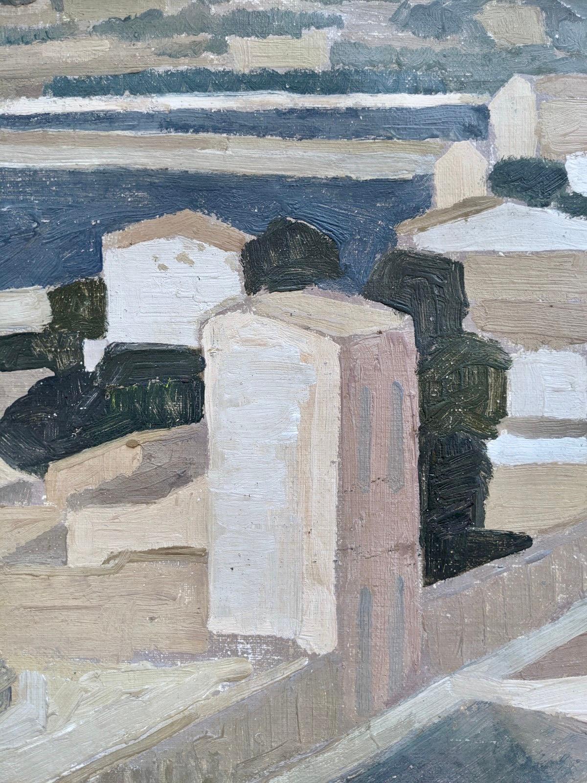 A small but outstanding mid 20th century oil painting of a cityscape, painted in an abstract manner.

The artist has skilfully abstracted the city containing  buildings, foliage and a river down through the use of contrasting blocks of