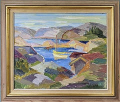 Vintage Mid-Century Swedish Landscape Oil Painting - Coastal Mountains