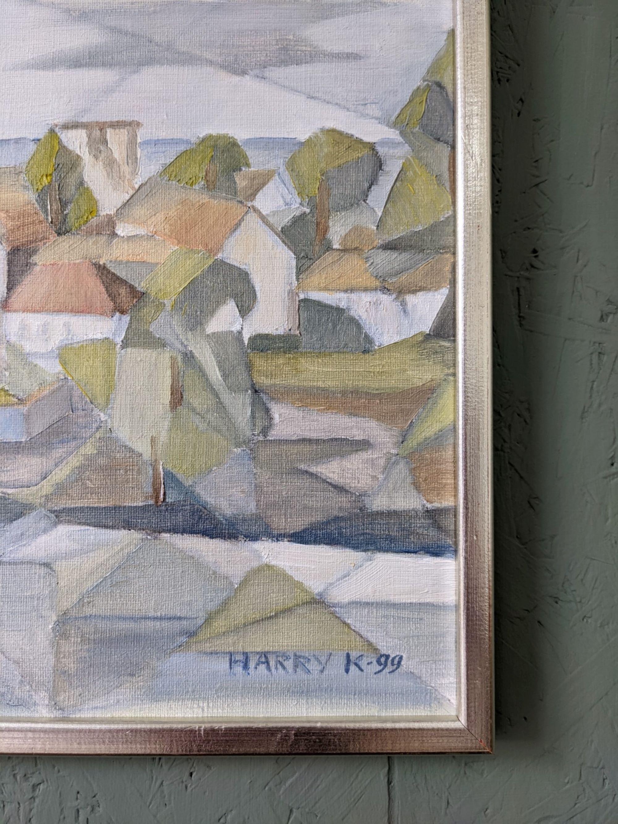 Pittura ad olio di paesaggio svedese vintage della metà del secolo - Città costiera cubista 6