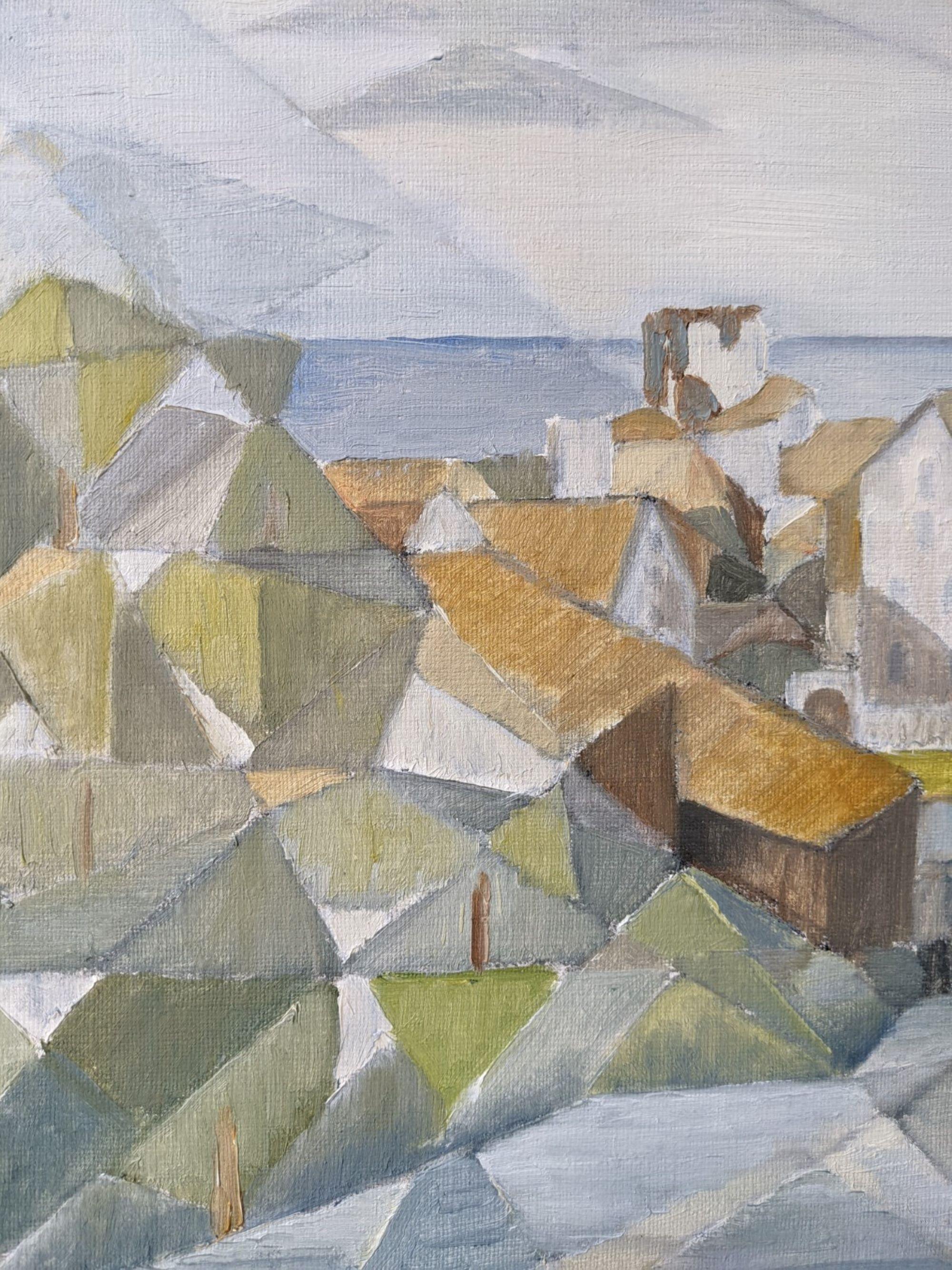Vintage Mid-Century Swedish Landscape Oil Painting - Cubist Coastal Town 4