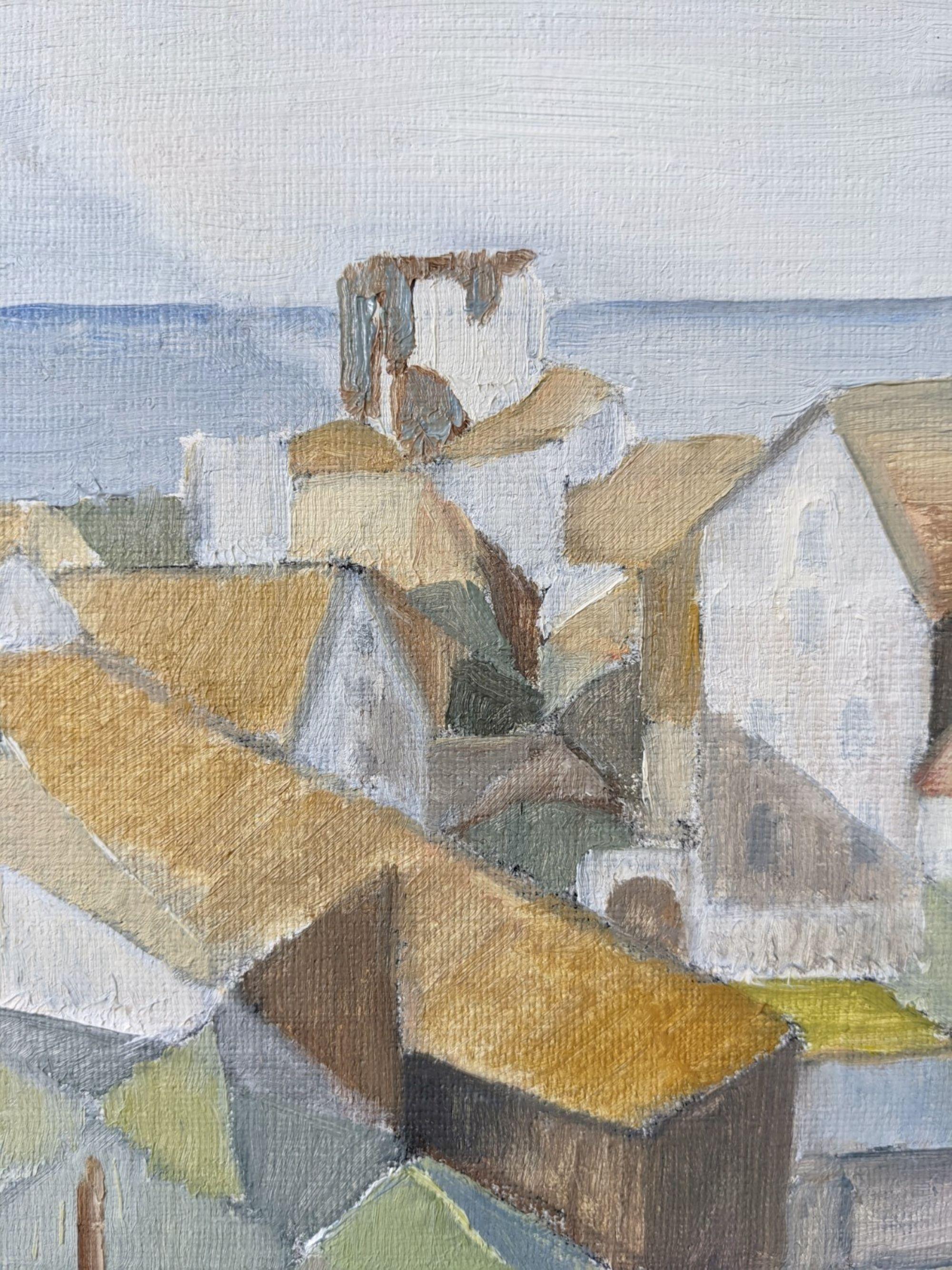 Pittura ad olio di paesaggio svedese vintage della metà del secolo - Città costiera cubista 3