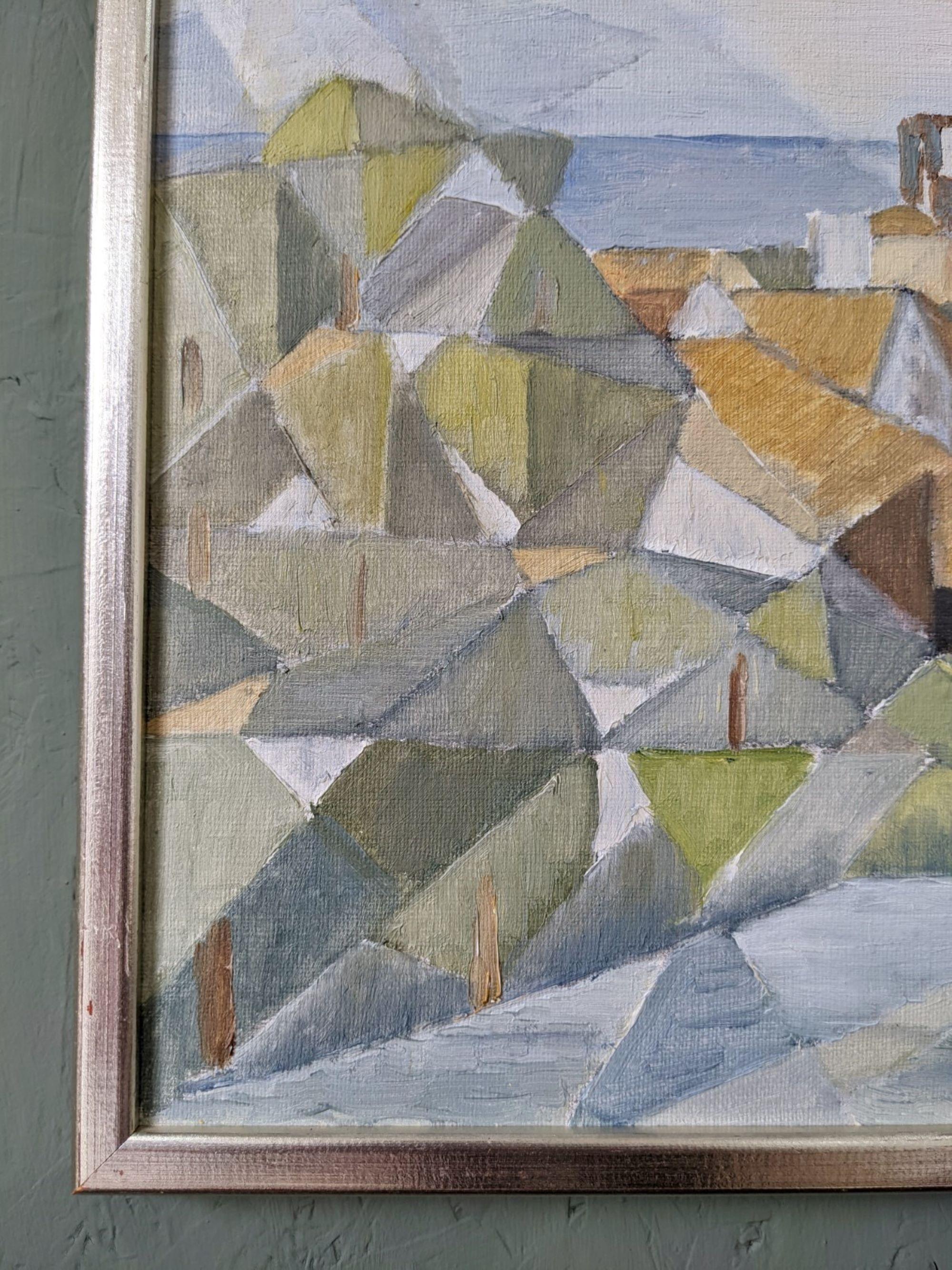 Pittura ad olio di paesaggio svedese vintage della metà del secolo - Città costiera cubista 5