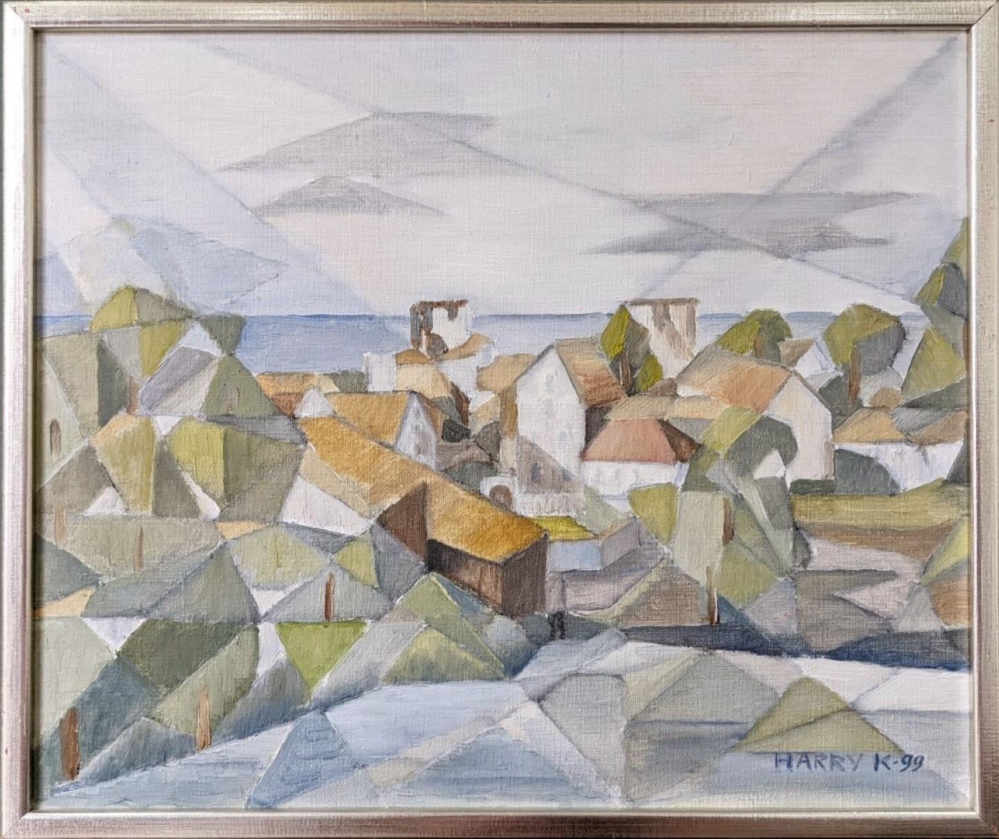 Unknown Landscape Painting - Vintage Mid-Century Swedish Landscape Oil Painting - Cubist Coastal Town