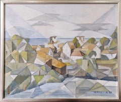 Schwedische Landschaft, Vintage, Ölgemälde, Mid-Century, Kubistische Küstenstadt