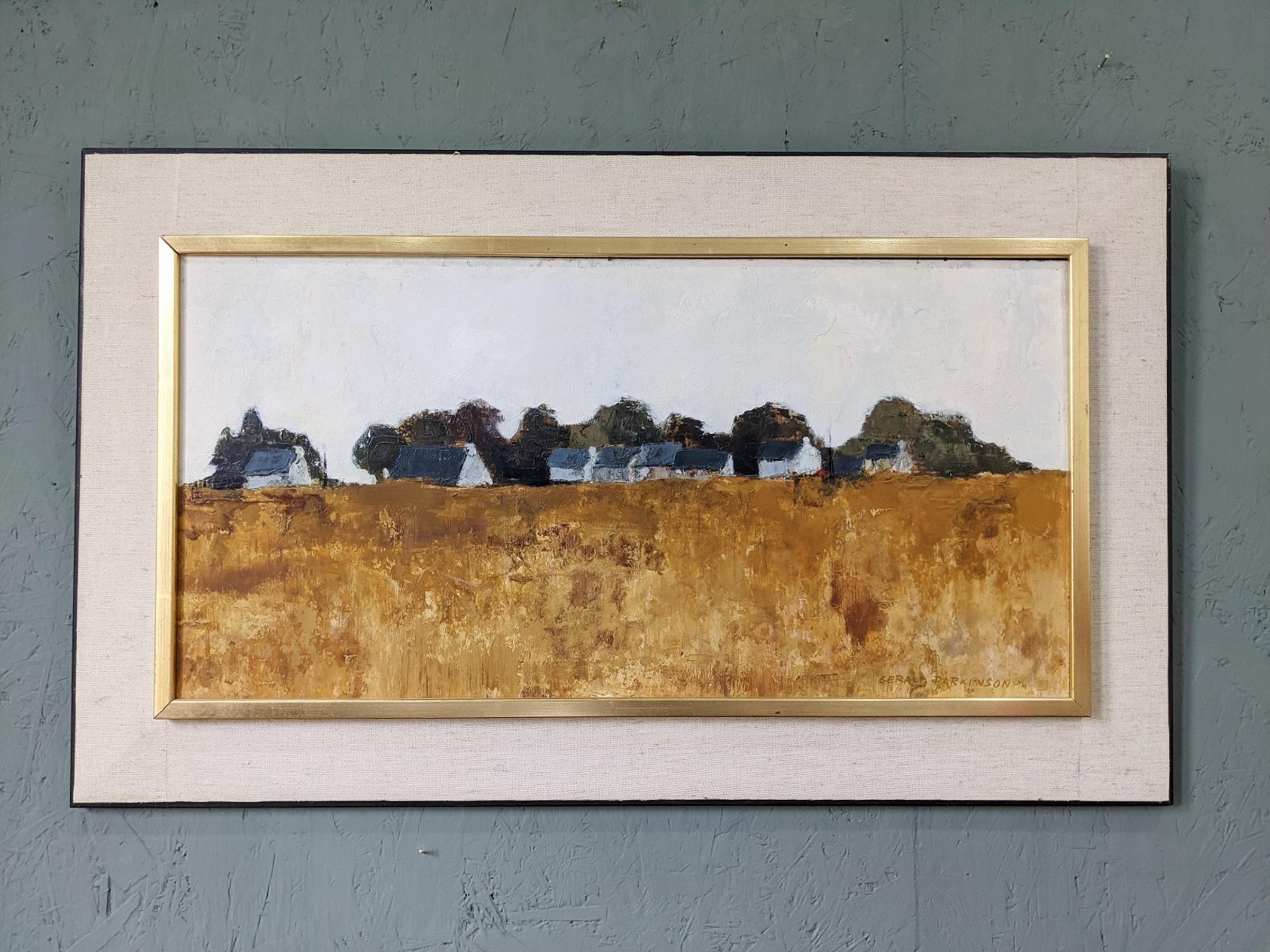 FARMHOUSES
Size: 45 x 75 cm (including frame)
Oil on Board

 A long and restful mid century modernist landscape composition, executed in oil onto board.

This panoramic and scenic view of nature presents a row of farmhouses surrounded by lush
