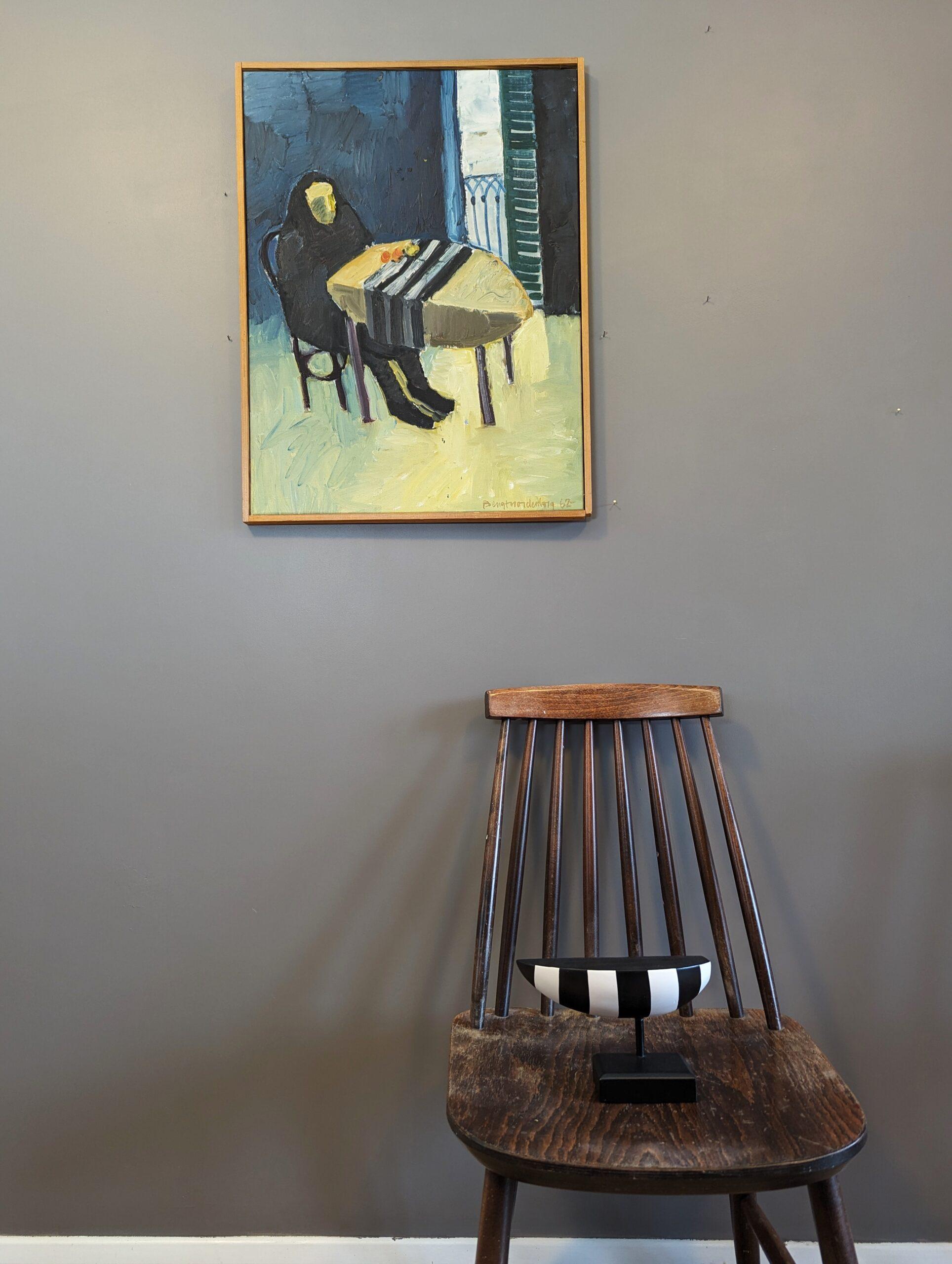 Vintage Mid-Century Swedish Modern Figurative Oil Painting - The Lonely Diner For Sale 9