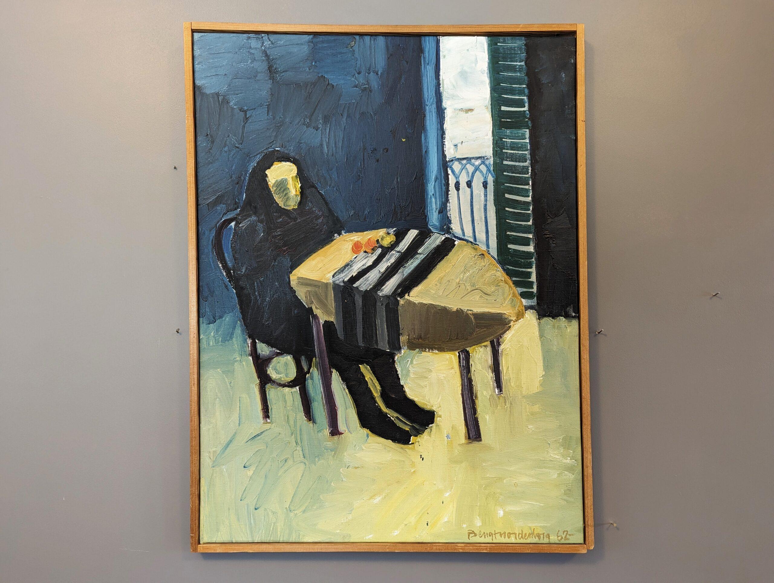 THE LONELY DINER
Size: 63 x 48 cm (including frame)
Oil on Canvas

An emotive mid-century figurative composition, executed in oil onto canvas and dated 1962.

The focal point of the painting is a lonesome figure, dressed entirely in black, seated