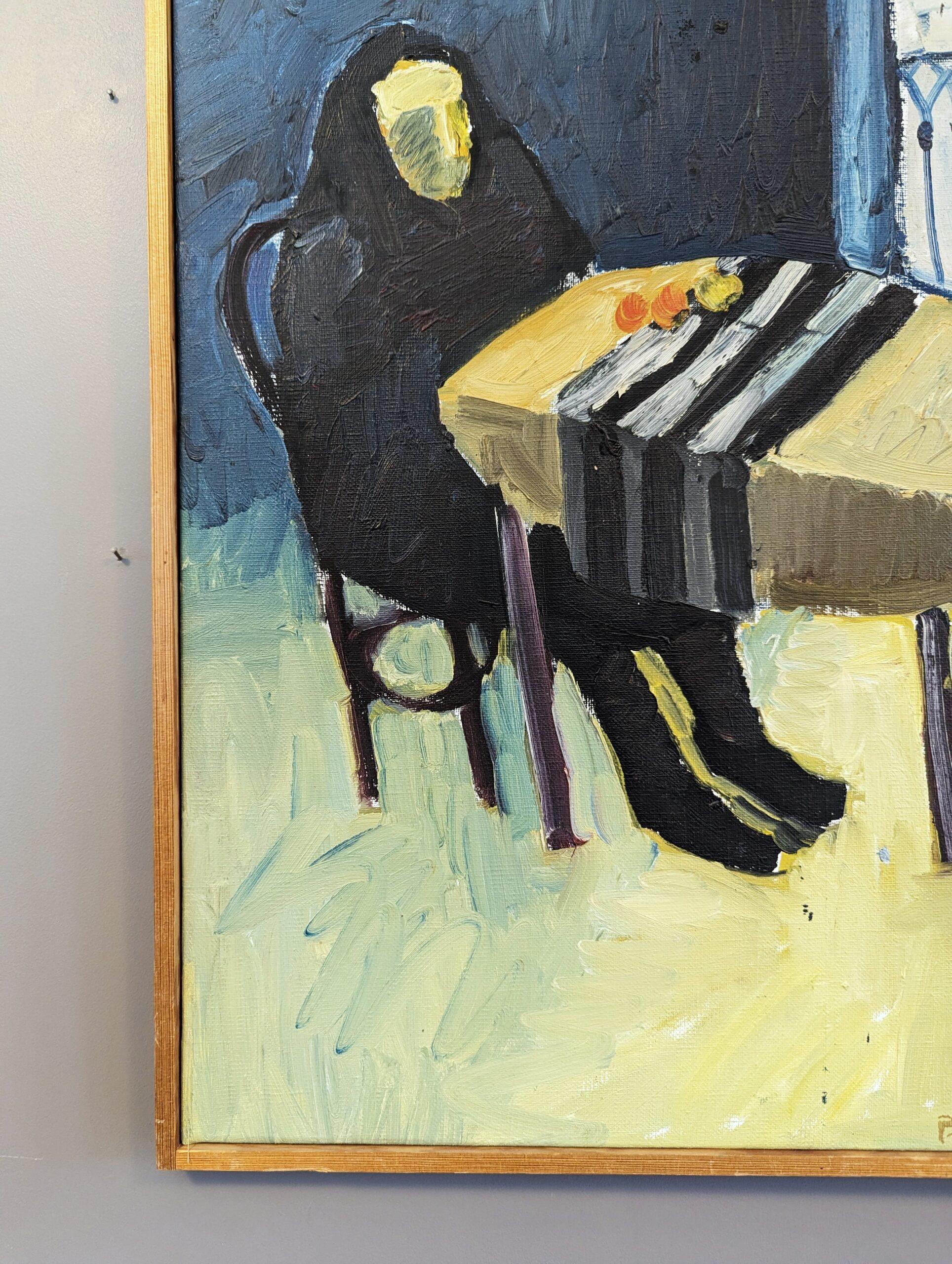 Vintage Mid-Century Swedish Modern Figurative Oil Painting - The Lonely Diner For Sale 4