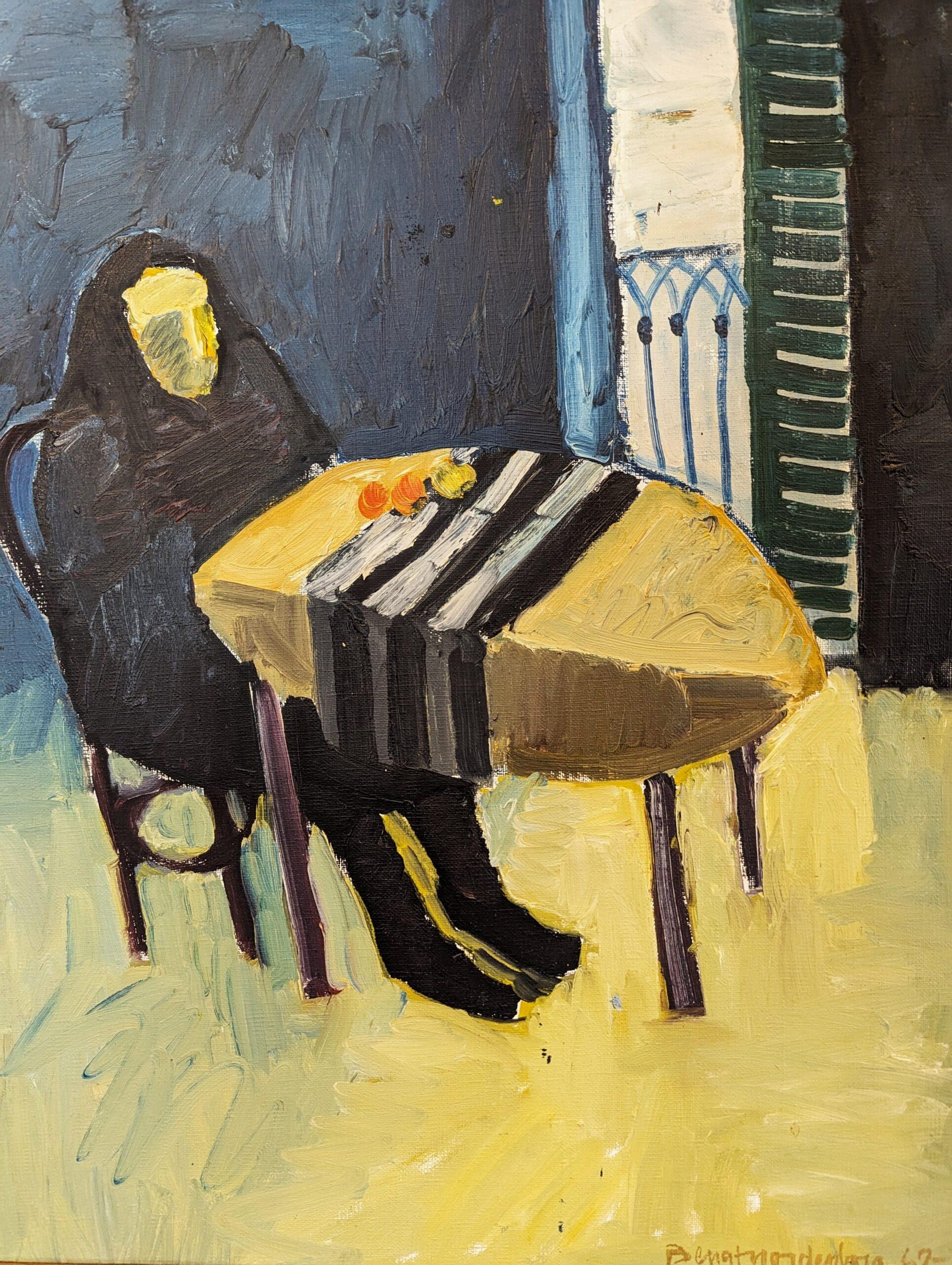 Vintage Mid-Century Swedish Modern Figurative Oil Painting - The Lonely Diner For Sale 5