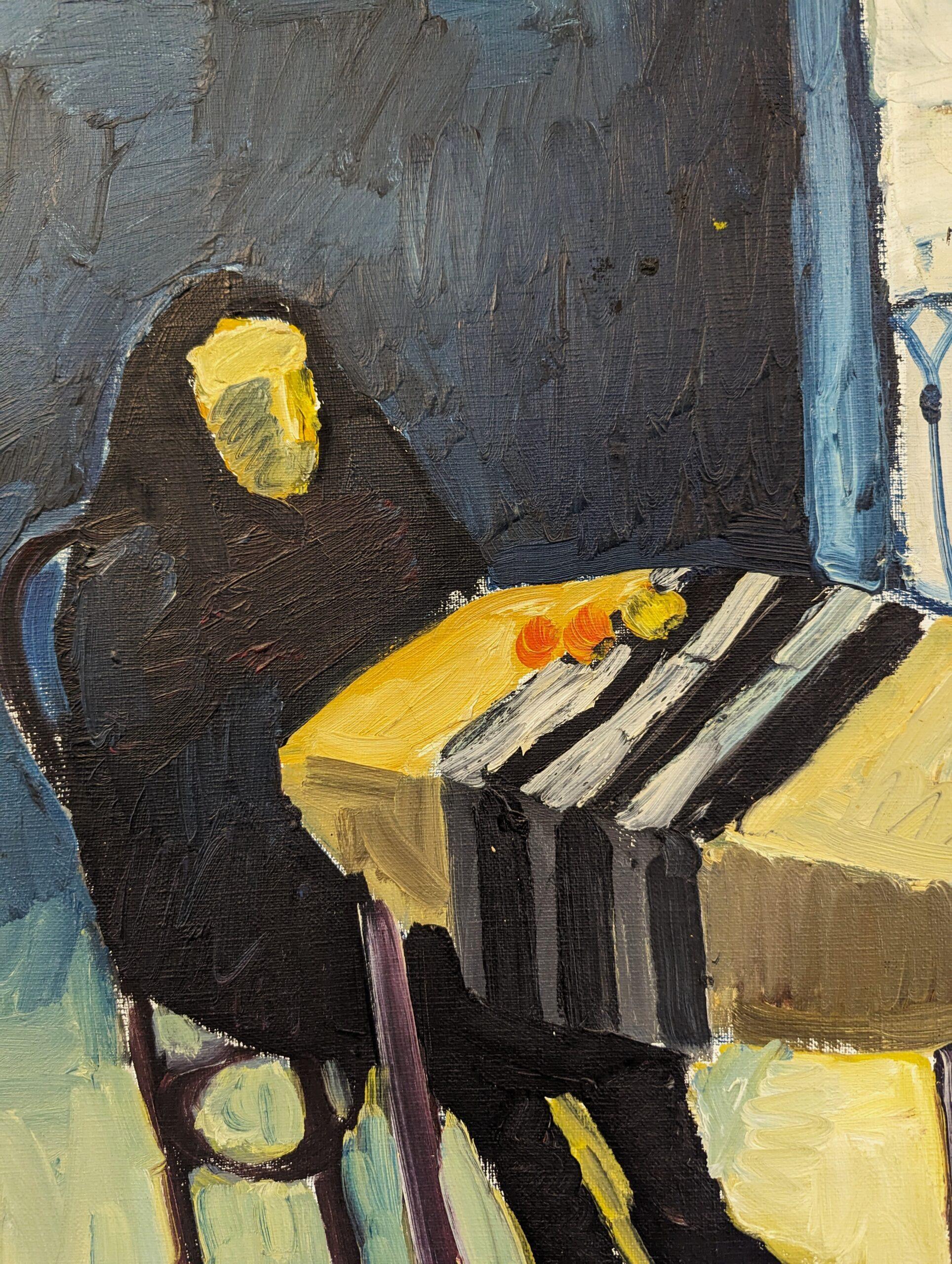 Vintage Mid-Century Swedish Modern Figurative Oil Painting - The Lonely Diner For Sale 6