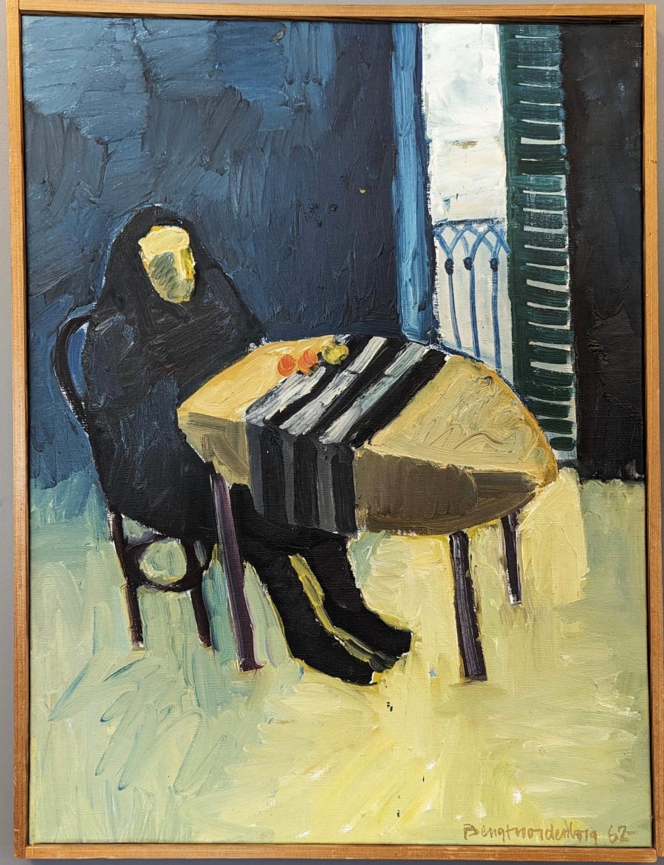 Unknown Figurative Painting - Vintage Mid-Century Swedish Modern Figurative Oil Painting - The Lonely Diner
