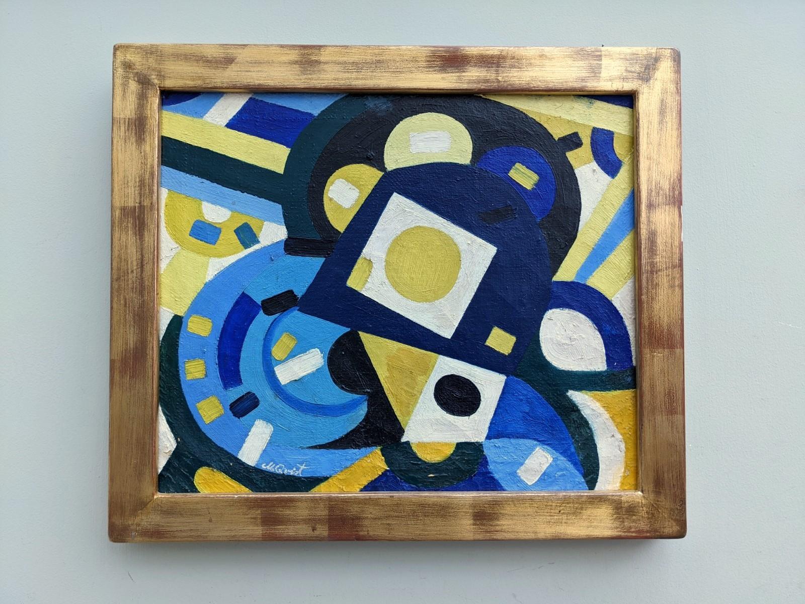 PUZZLE
Size: 46.5 x 53.5 cm (including frame)
Oil on canvas


A fun and playful mid-century geometric abstract composition, executed in oil onto canvas.

This painting focuses our attention on non-objective artistic elements such as colour, line,