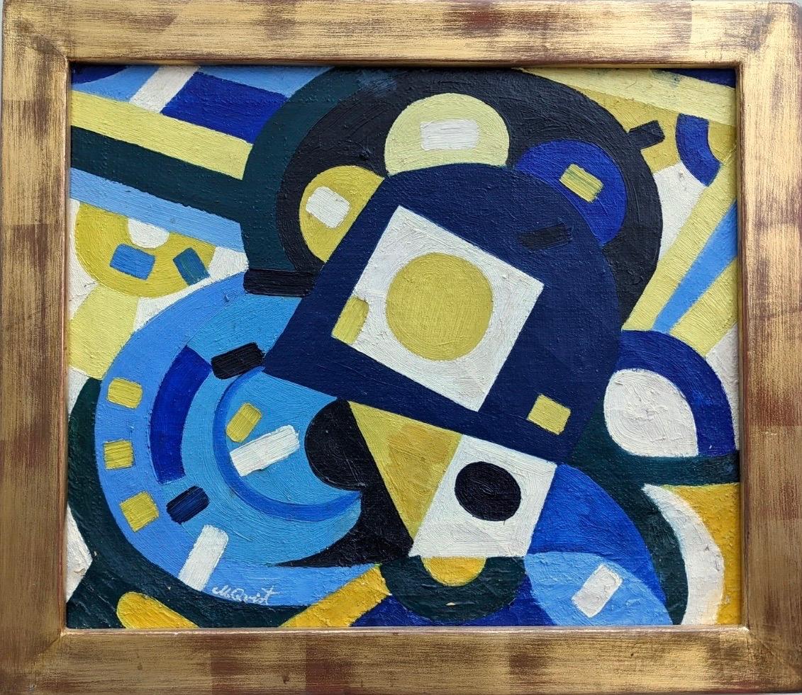 Unknown Abstract Painting - Vintage Mid-Century Swedish Modern Geometric Abstract Oil Painting - Puzzle
