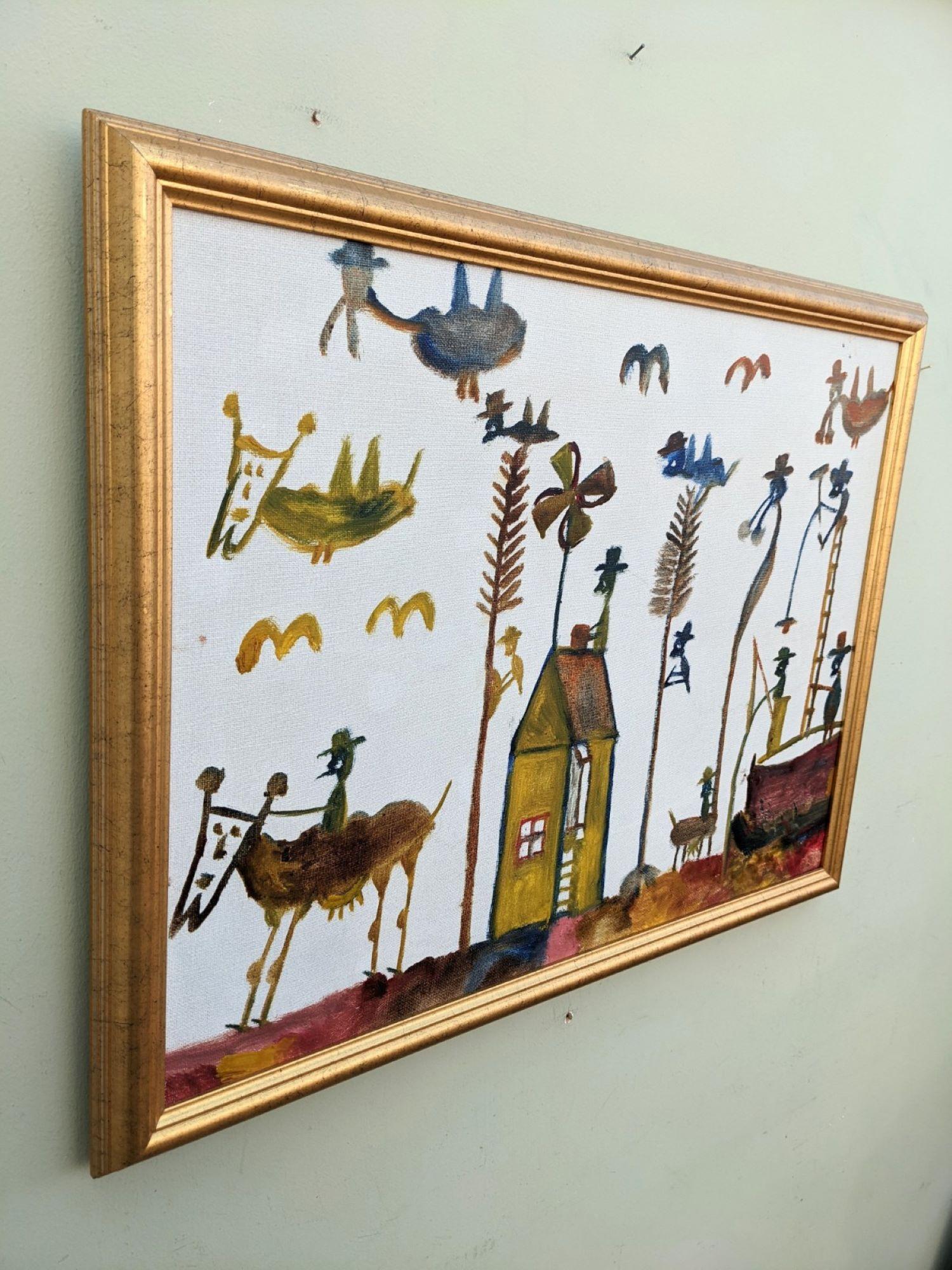 DON QUIXOTE
Size: 49 x 63 cm (including frame)
Oil on canvas

Seemingly a nod to the Spanish novel Don Quixote, this delightful mid century narrative oil painting features a host of animals, people and objects, executed in a Naïve style.

The man on