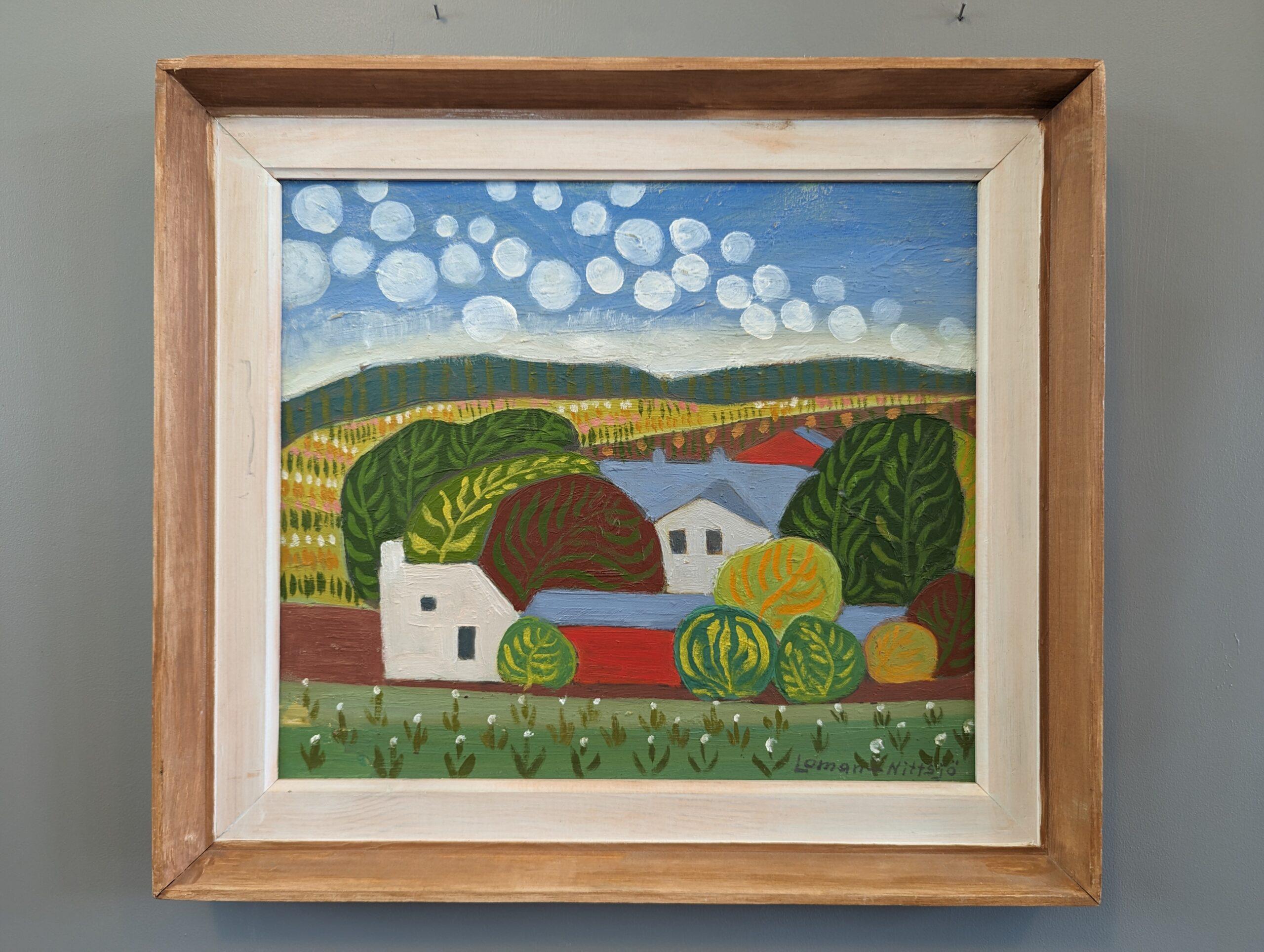 WONDERLAND
Size: 39 x 43.5 cm (including frame)
Oil on board

A fun and whimsical mid-century landscape composition, painted in oil onto board.

In this uplifting composition, we see white farm houses nestled within rolling fields.  In this picture