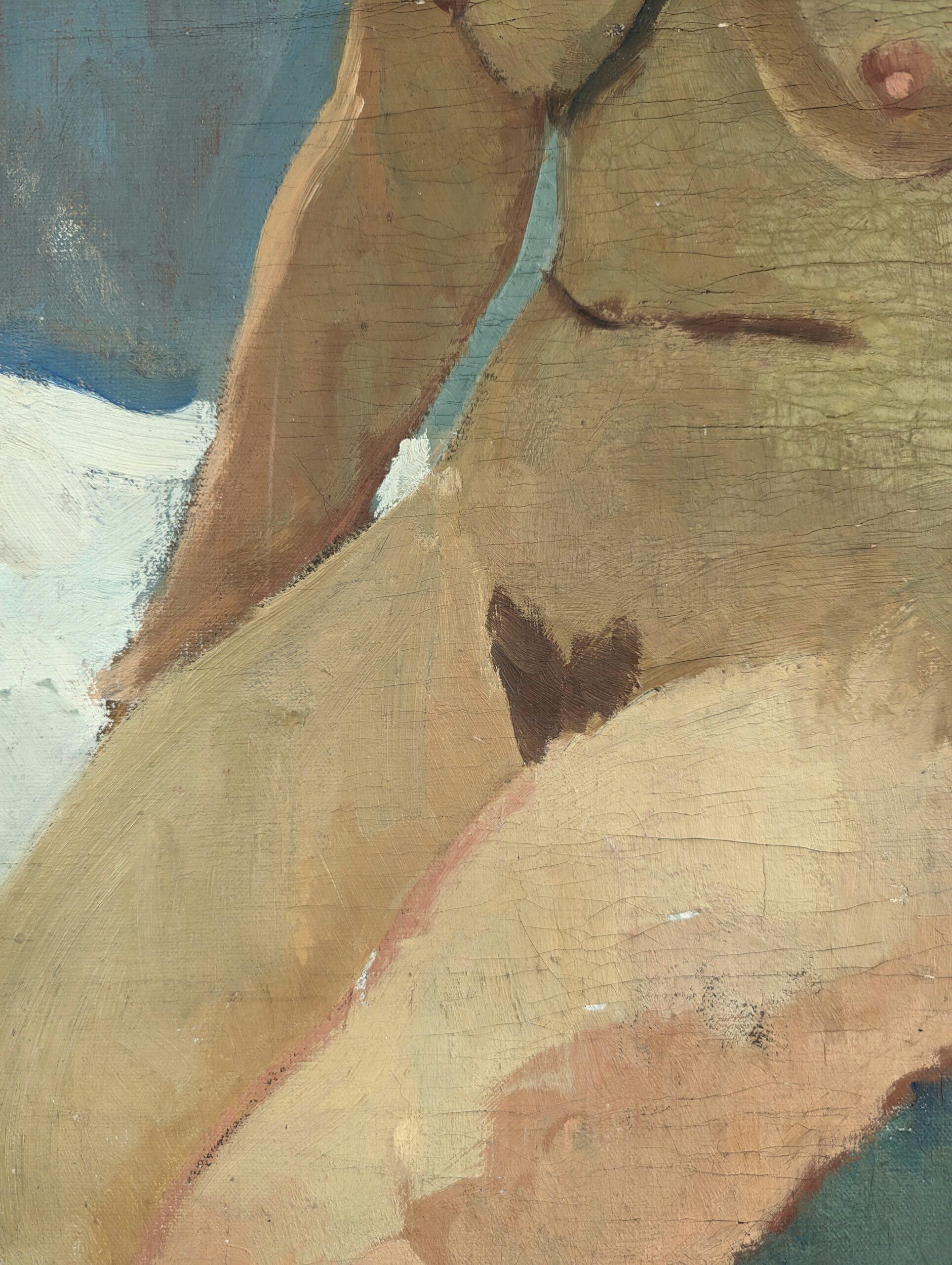 Vintage Mid-Century Swedish Nude Portrait Framed Oil Painting - Female Form For Sale 10