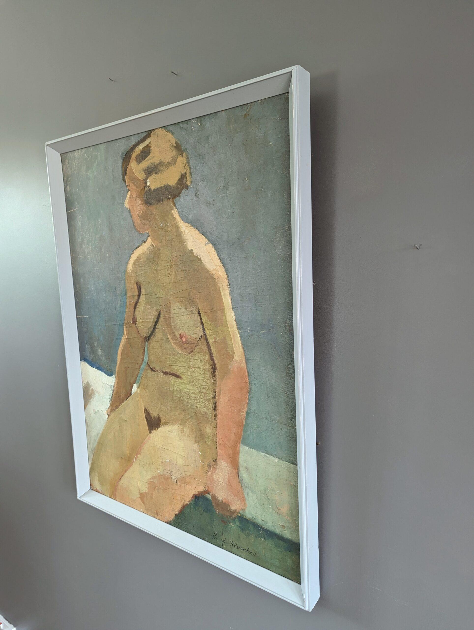 Vintage Mid-Century Swedish Nude Portrait Framed Oil Painting - Female Form For Sale 1
