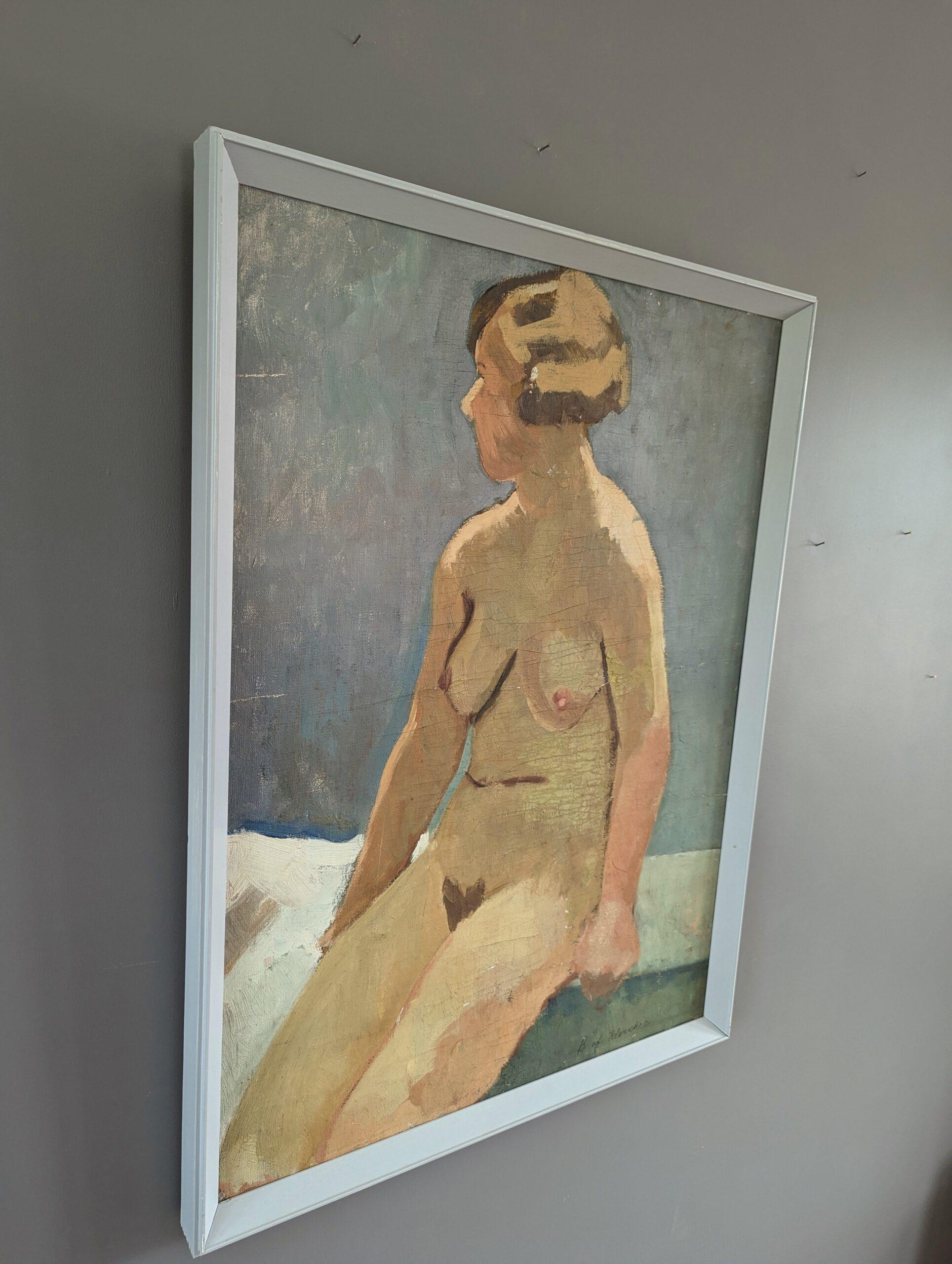 Vintage Mid-Century Swedish Nude Portrait Framed Oil Painting - Female Form For Sale 2