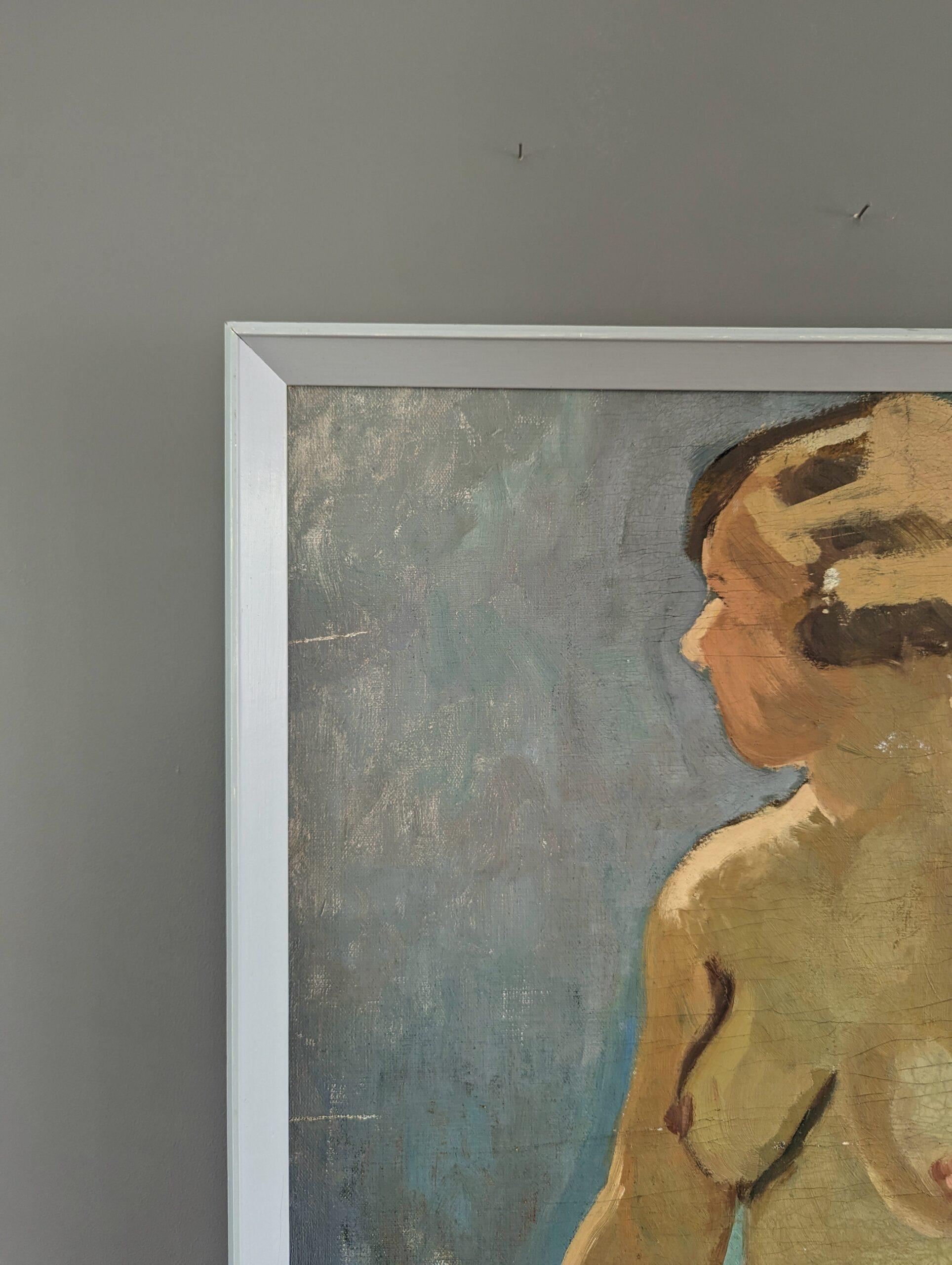 Vintage Mid-Century Swedish Nude Portrait Framed Oil Painting - Female Form For Sale 3
