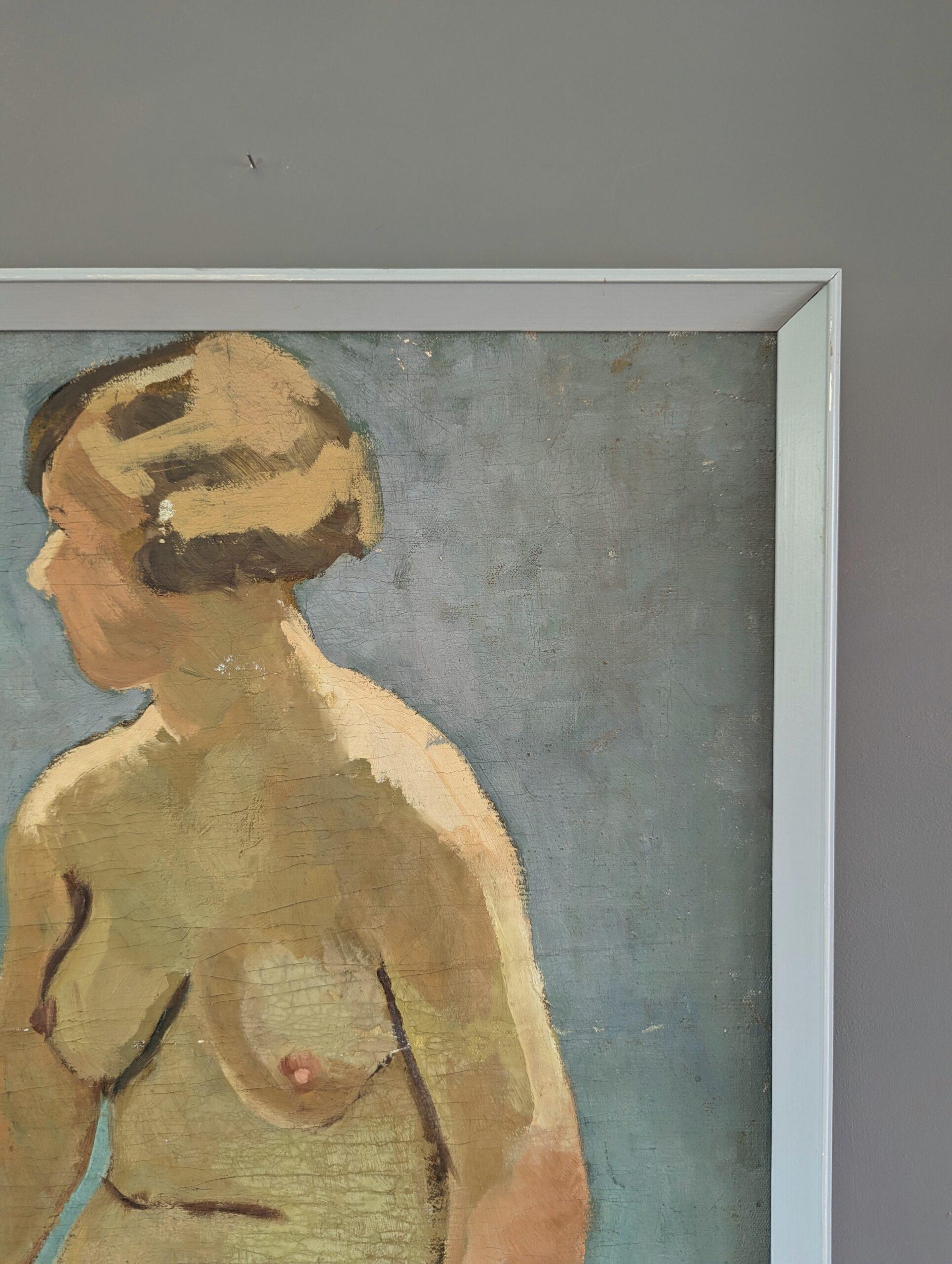 Vintage Mid-Century Swedish Nude Portrait Framed Oil Painting - Female Form For Sale 4