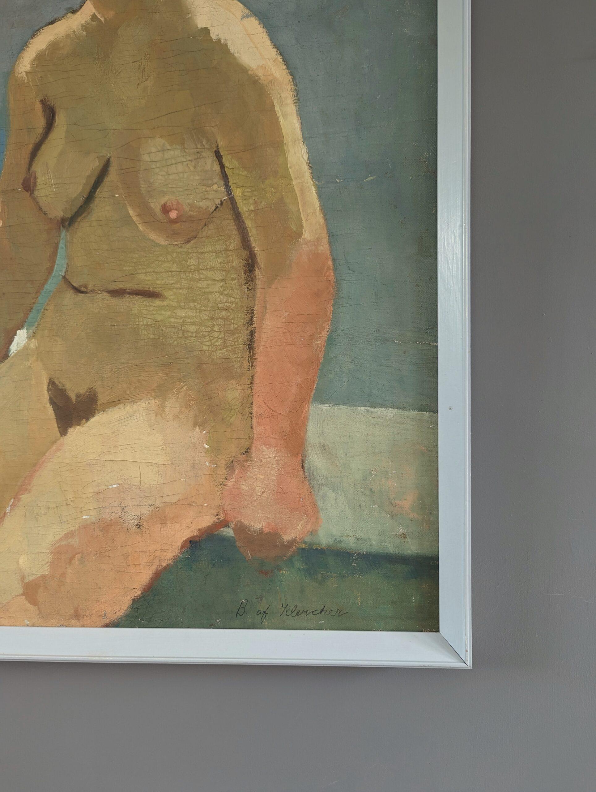 Vintage Mid-Century Swedish Nude Portrait Framed Oil Painting - Female Form For Sale 5