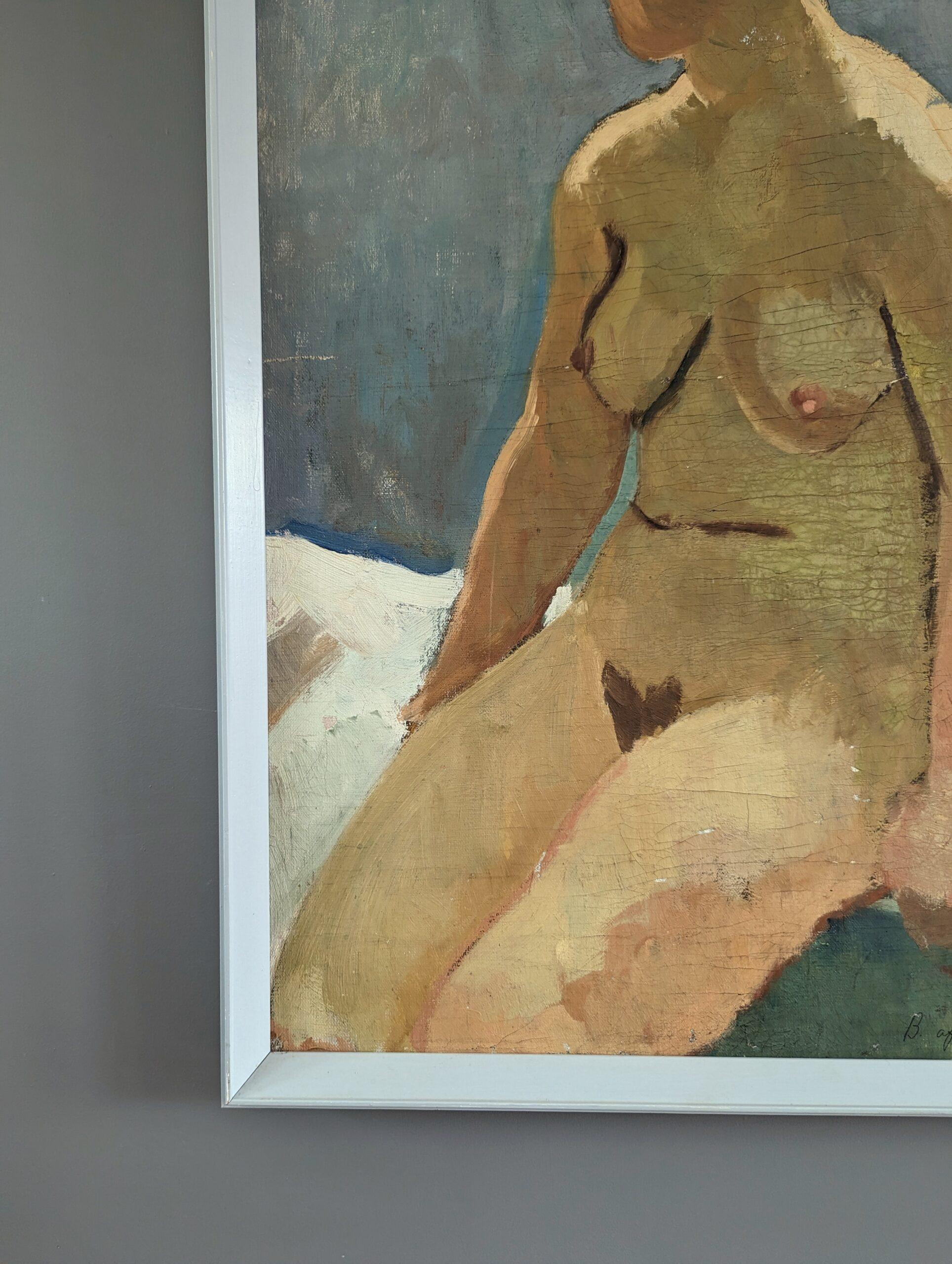Vintage Mid-Century Swedish Nude Portrait Framed Oil Painting - Female Form For Sale 6
