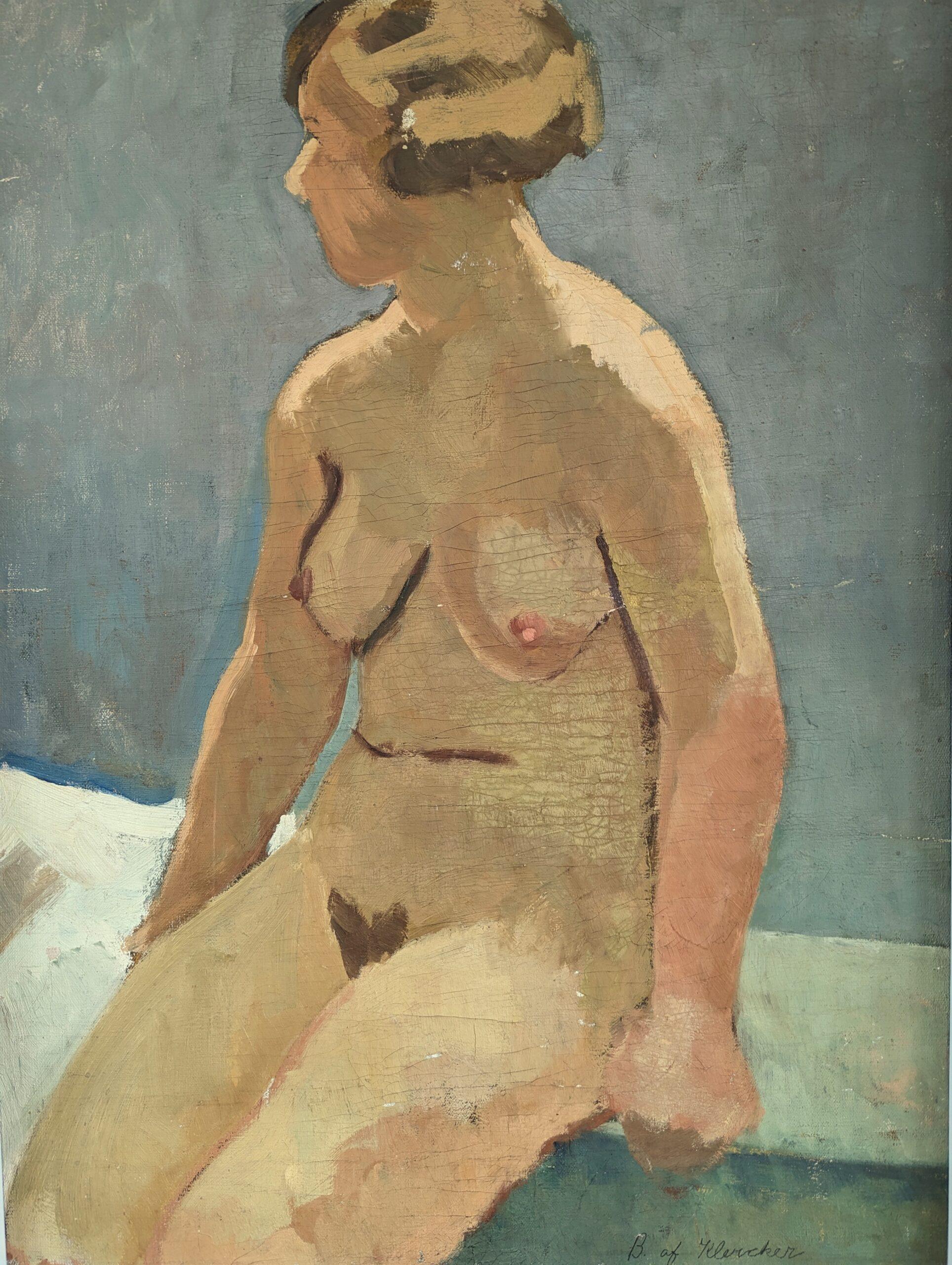 Vintage Mid-Century Swedish Nude Portrait Framed Oil Painting - Female Form For Sale 7