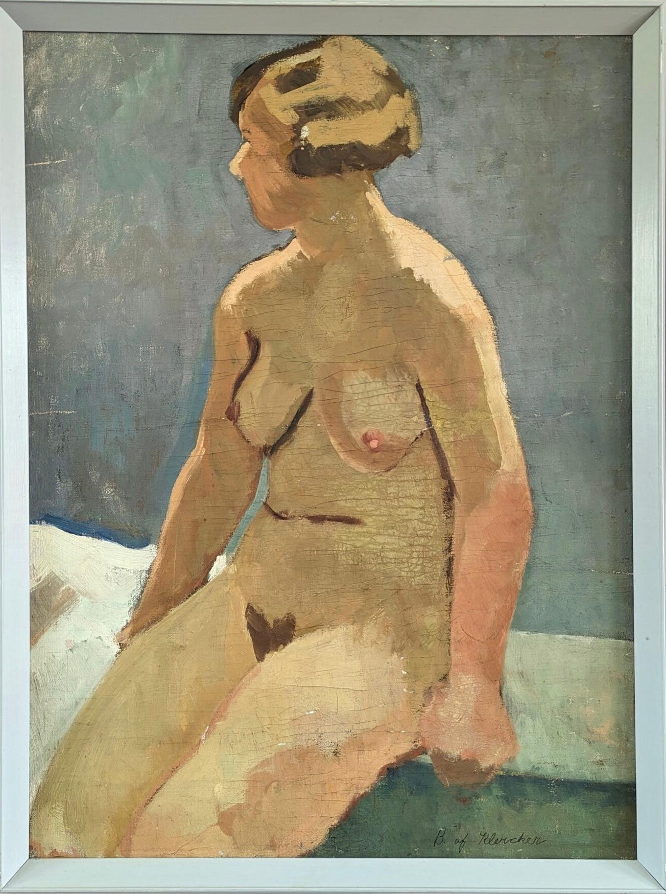 Vintage Mid-Century Swedish Nude Portrait Framed Oil Painting - Female Form