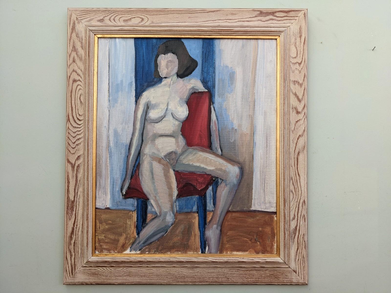THE RED CHAIR
Oil on Board
Size: 71 x 62 cm (including frame)

A brilliantly executed mid century modernist nude composition, painted in oil onto board.

This nude figure study depicts a female figure seated on a chair, with one arm casually resting