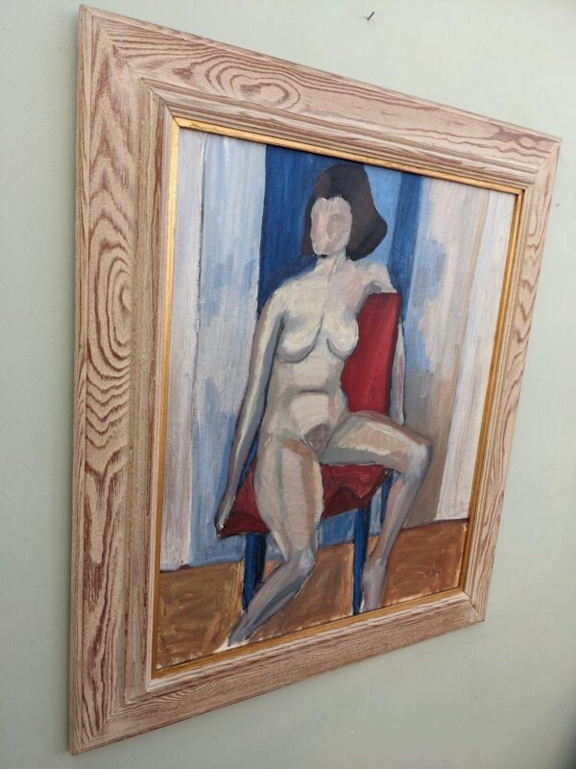 Vintage Mid-Century Swedish Nude Portrait Framed Oil Painting - The Red Chair 1