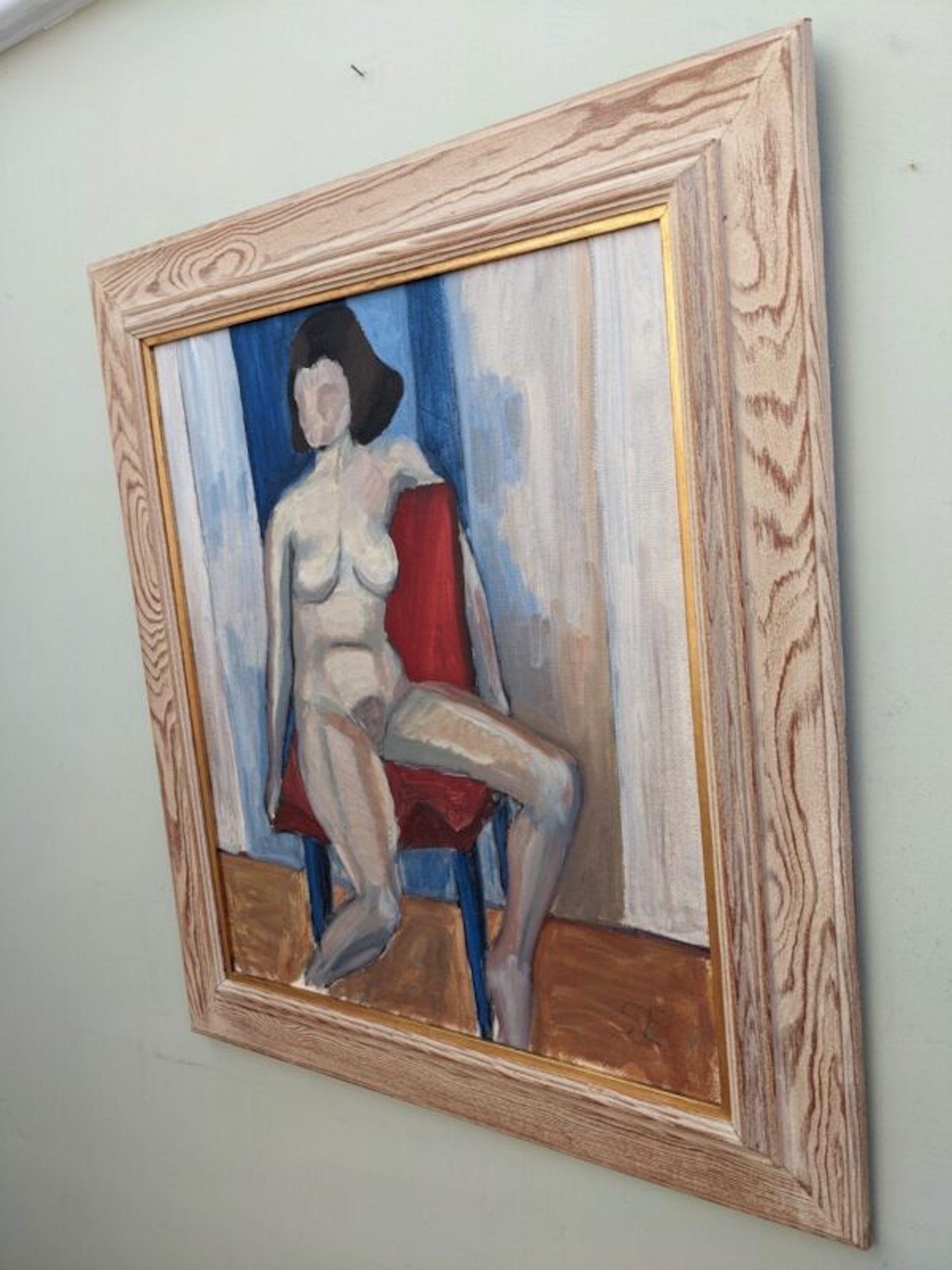 Vintage Mid-Century Swedish Nude Portrait Framed Oil Painting - The Red Chair 2