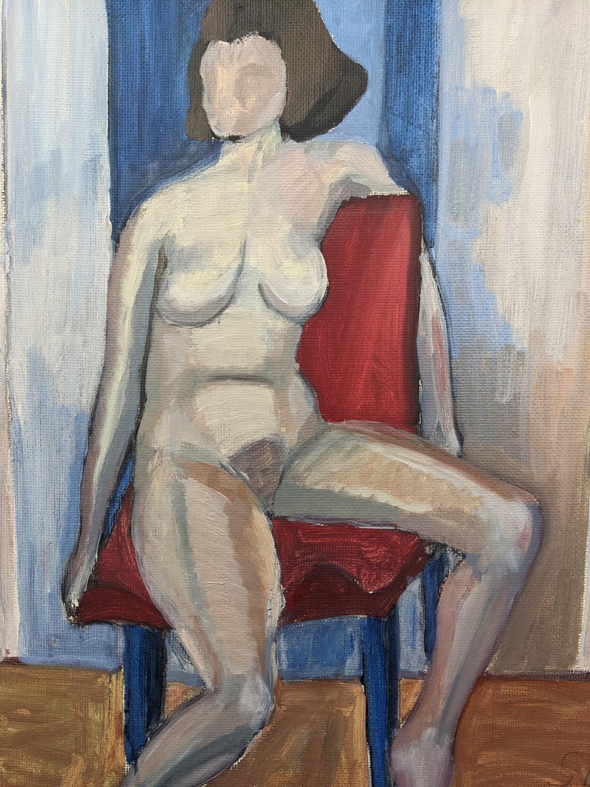 Vintage Mid-Century Swedish Nude Portrait Framed Oil Painting - The Red Chair 4