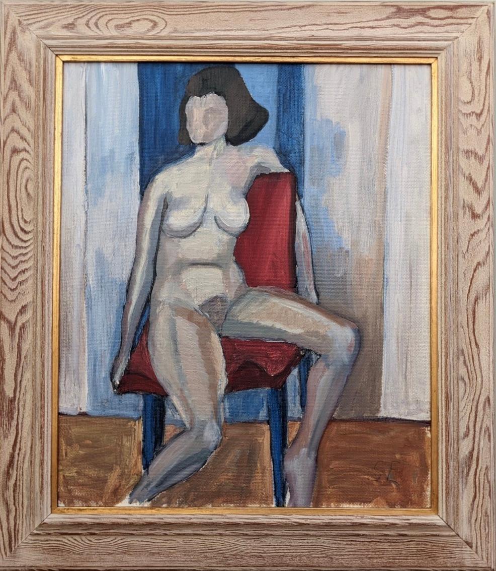 Unknown Nude Painting - Vintage Mid-Century Swedish Nude Portrait Framed Oil Painting - The Red Chair