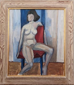Vintage Mid-Century Swedish Nude Portrait Framed Oil Painting - The Red Chair