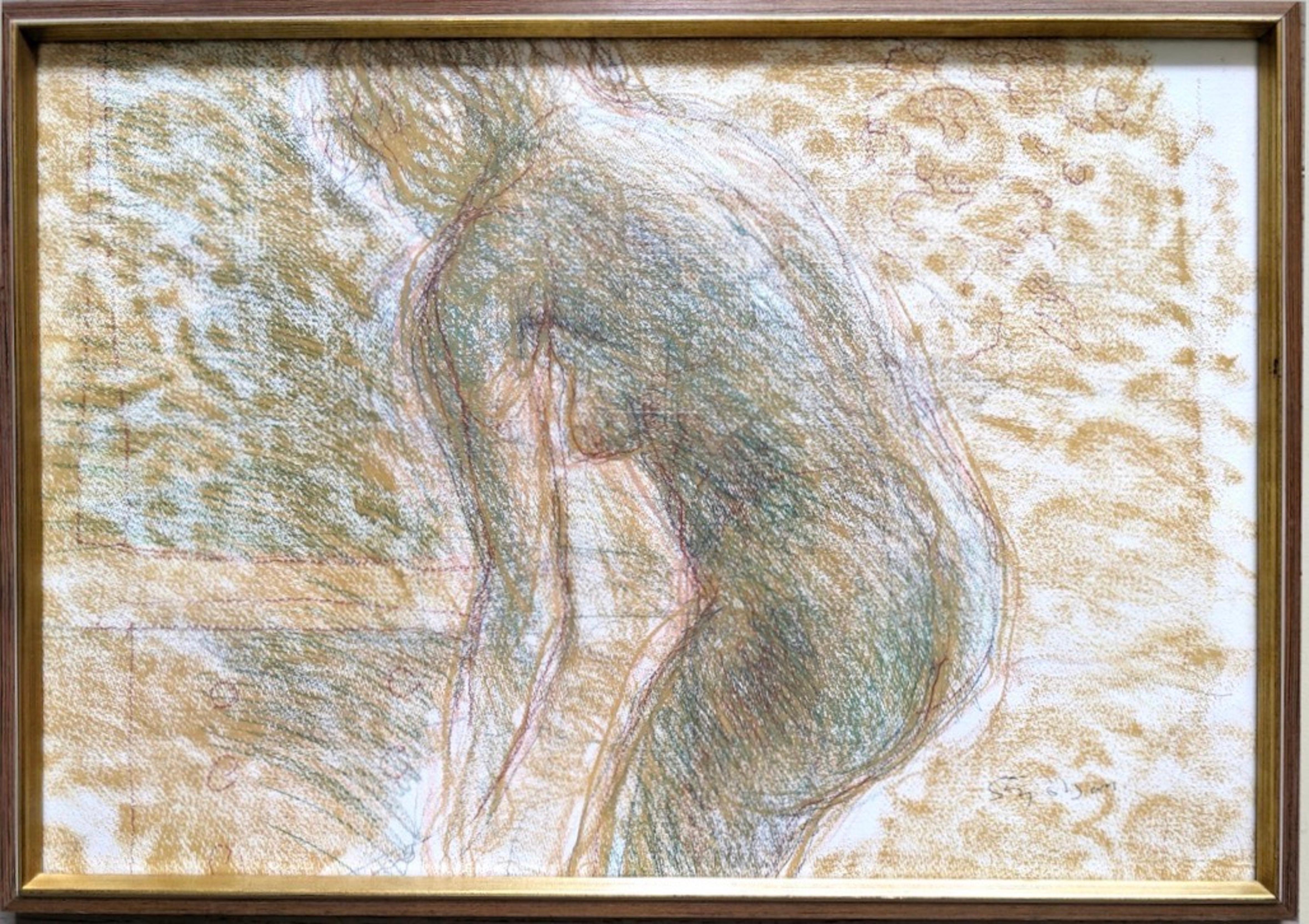 Unknown Figurative Painting - Vintage Mid Century Swedish Nude Portrait Framed Painting - Figure in Pastel