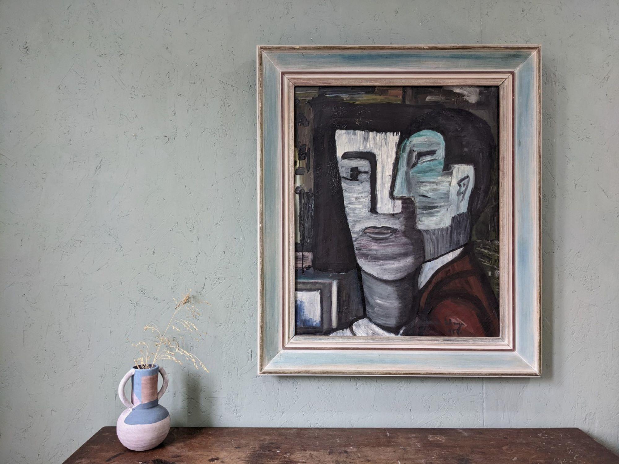 CUBIST FIGURES
Size: 77 x 66 cm (including frame)
Oil on canvas

A very unique mid century portrait, painted in oil onto canvas.

Cubist in nature, the artist has taken an interesting perspective in the portrayal of two figures. Their forms have